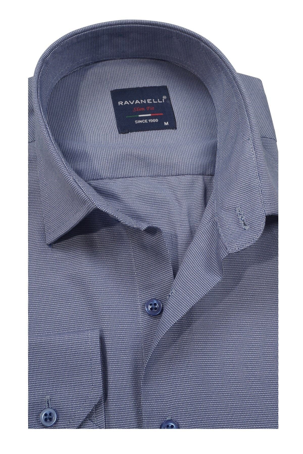 Erkek  Mavi Slim Fit Armürlü Gömlek