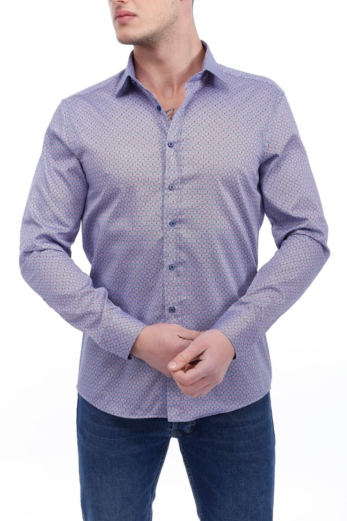 Baskılı Mavi Slim Fit Gömlek