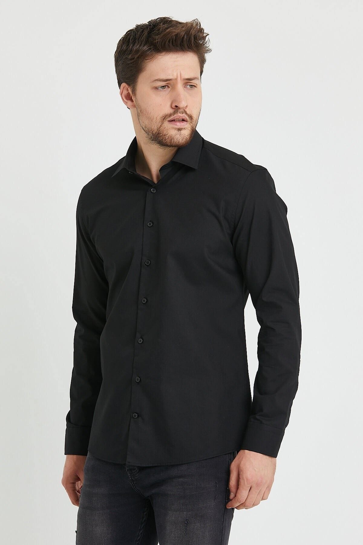 Slim Fit Uzun Kollu Kolay Ütü Teri Emen Yumuşak Dokulu Kravatlık Dört Mevsim Siyah Erkek Gömlek