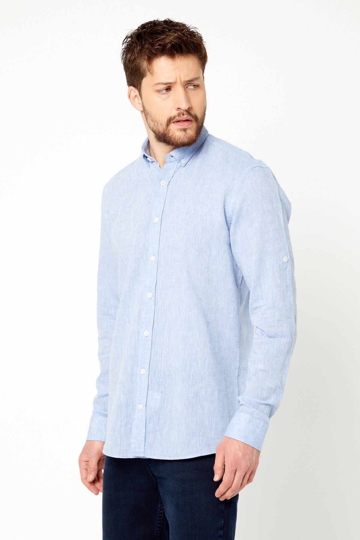 Mavi Slim Fit Uzun Kol Keten Gömlek