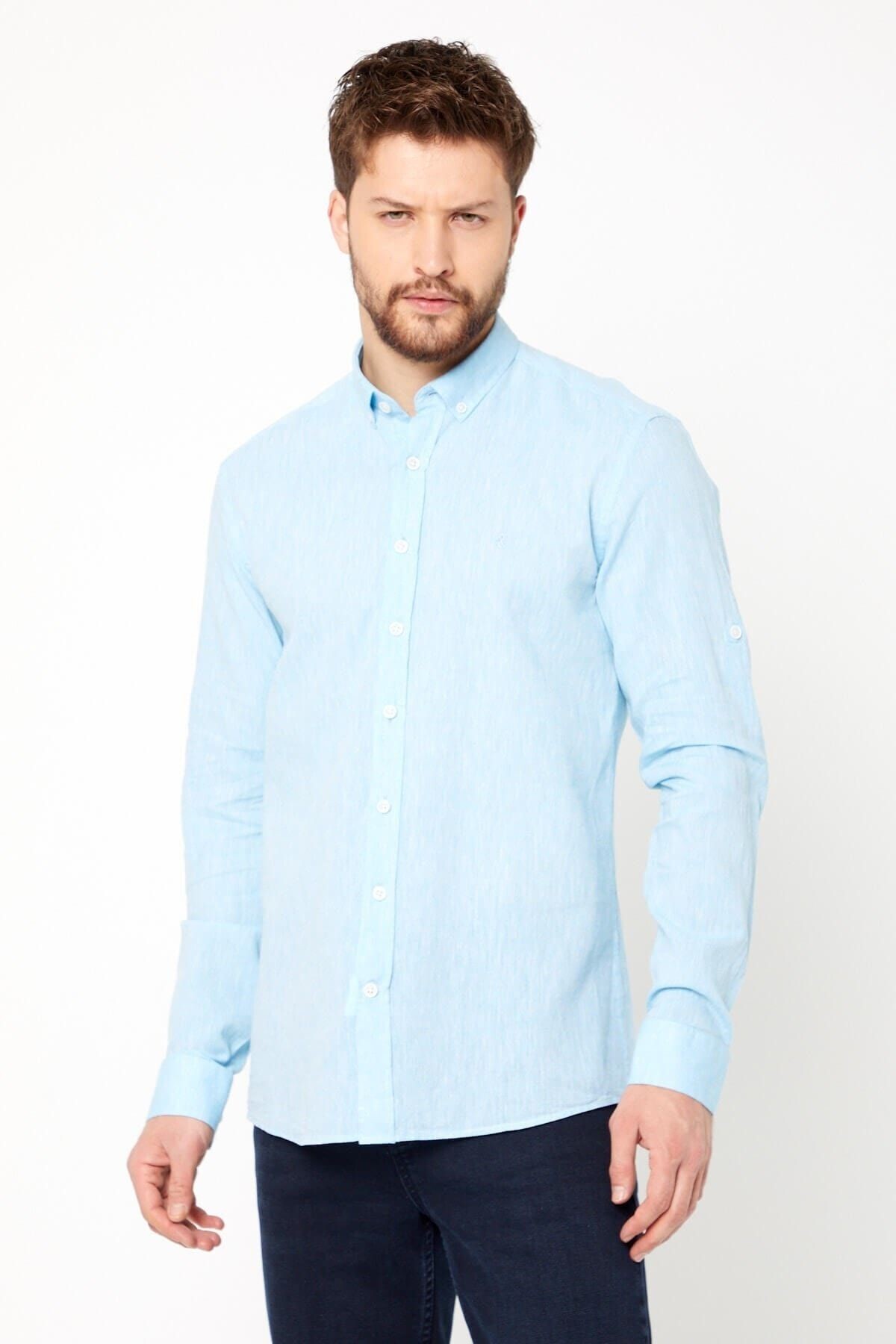 Turkuaz Slim Fit Uzun Kol Keten Gömlek