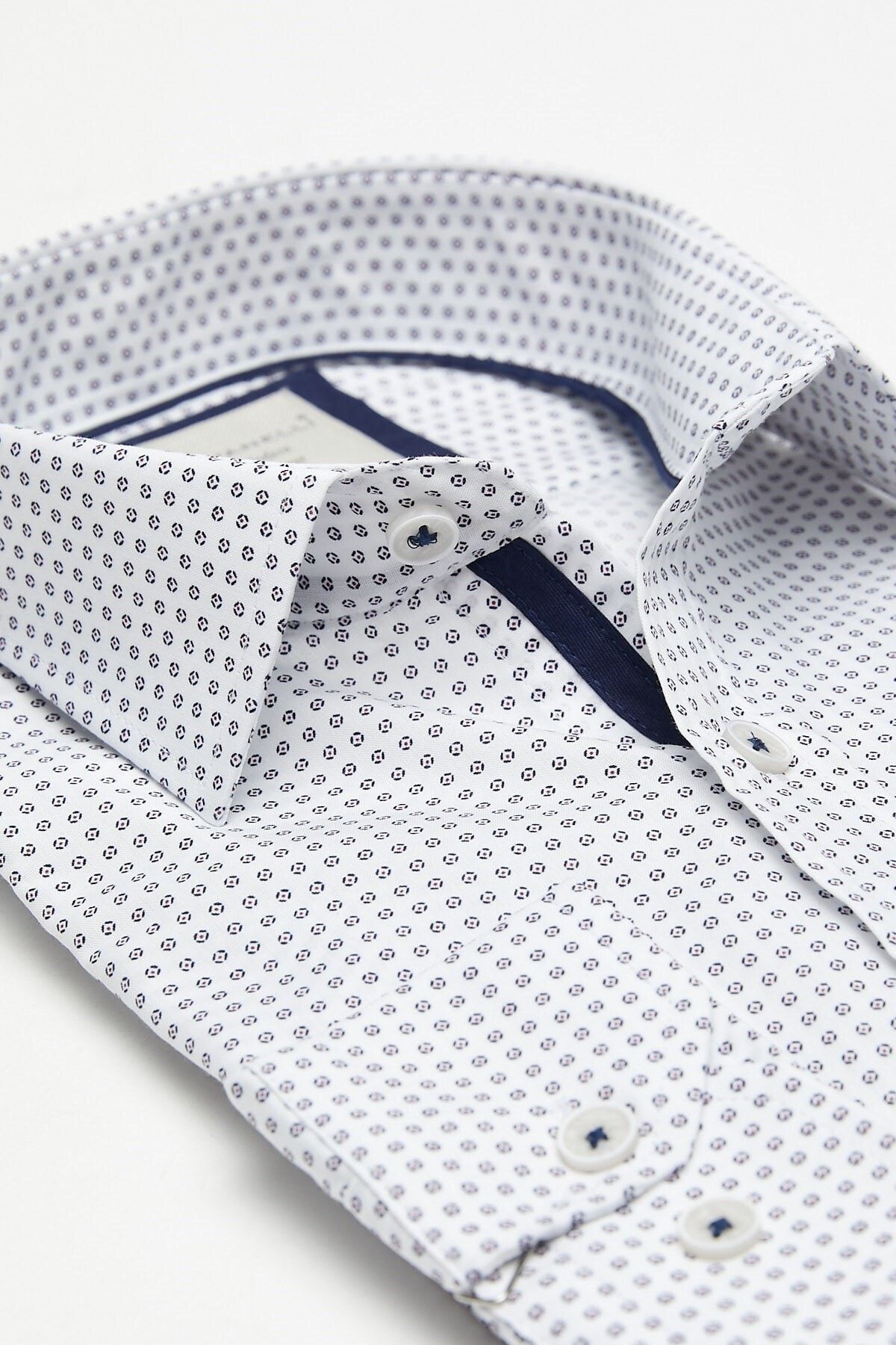 Lacivert Baskılı Beyaz Slim Fit Uzun Kol Gömlek