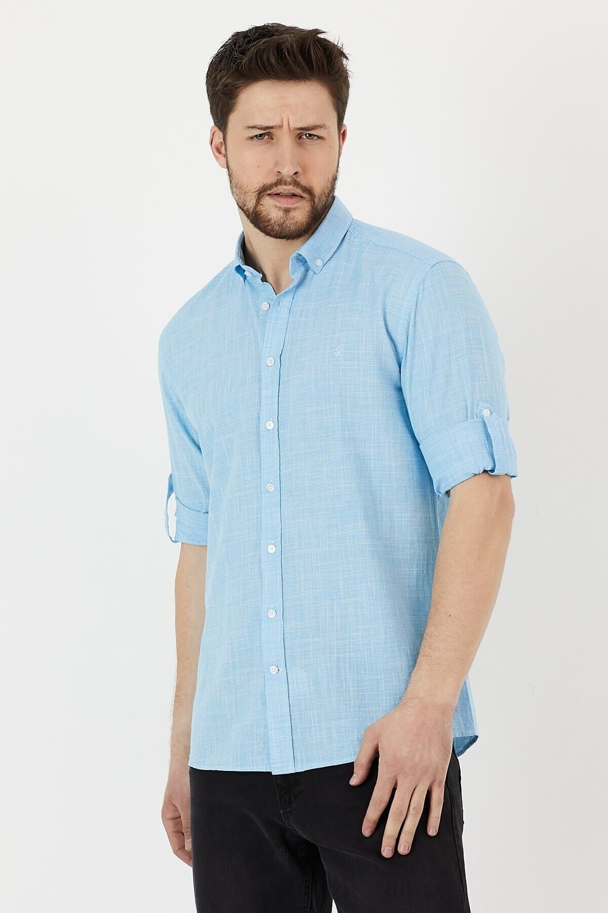 Turkuaz %100 Pamuk Slim Fit Uzun Kol Keten Gömlek
