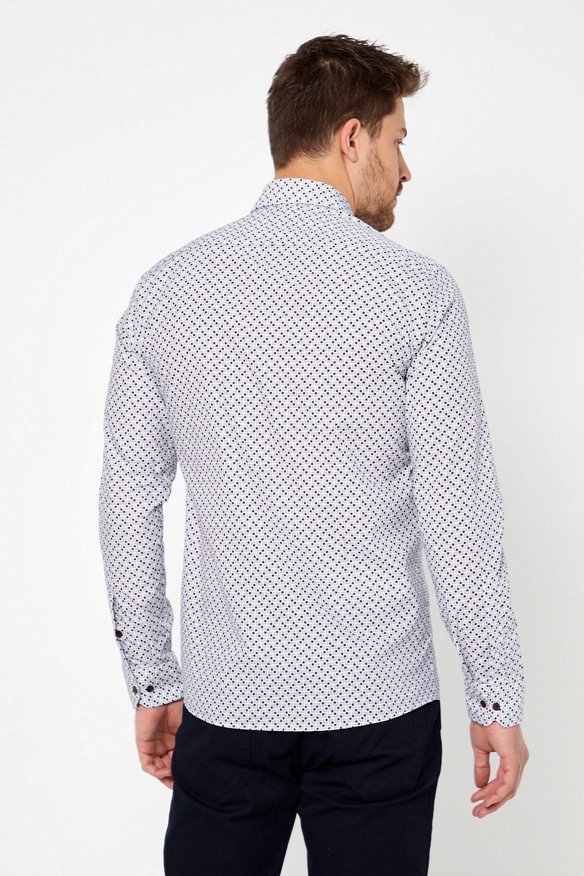 Bordo Baskılı Beyaz Slim Fit Uzun Kol Gömlek