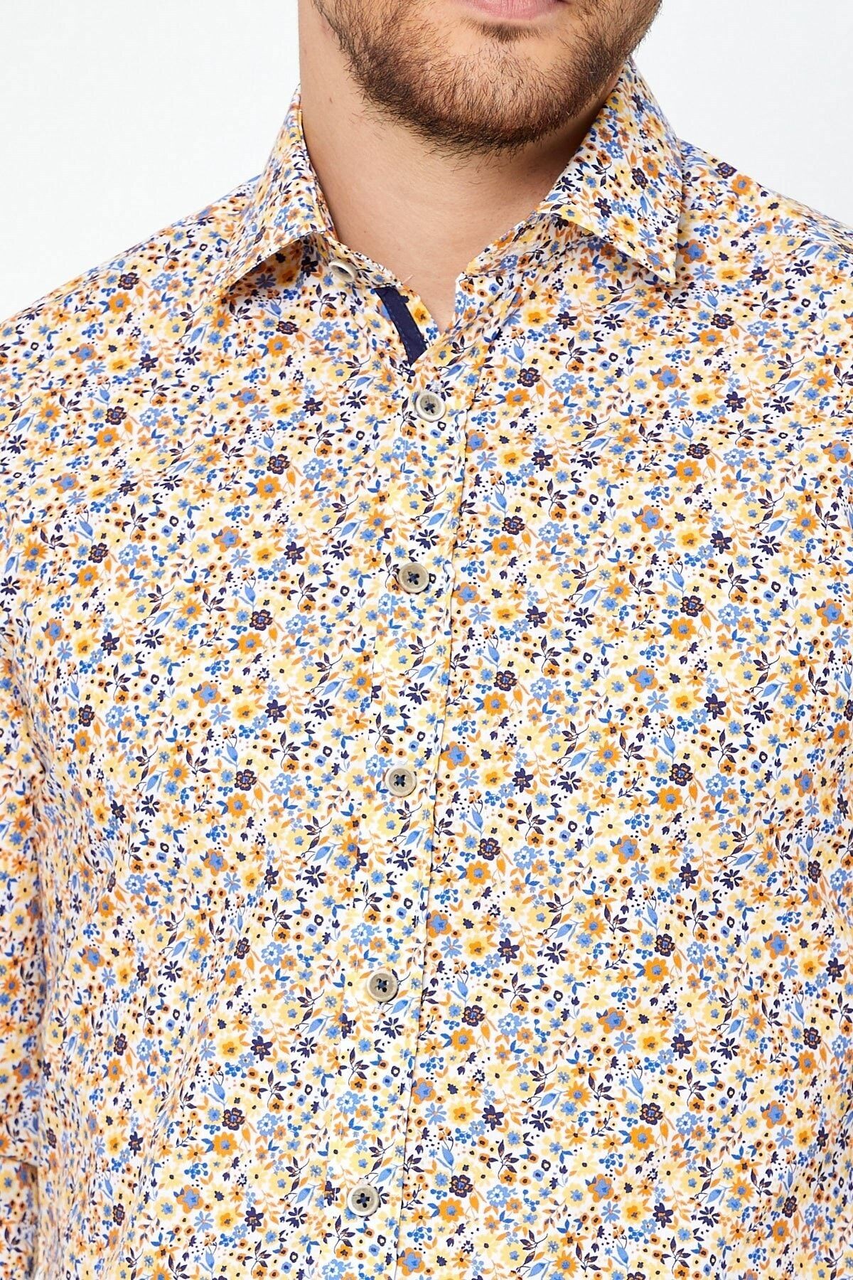 Sarı Çiçek Baskılı Slim Fit Uzun Kol Gömlek