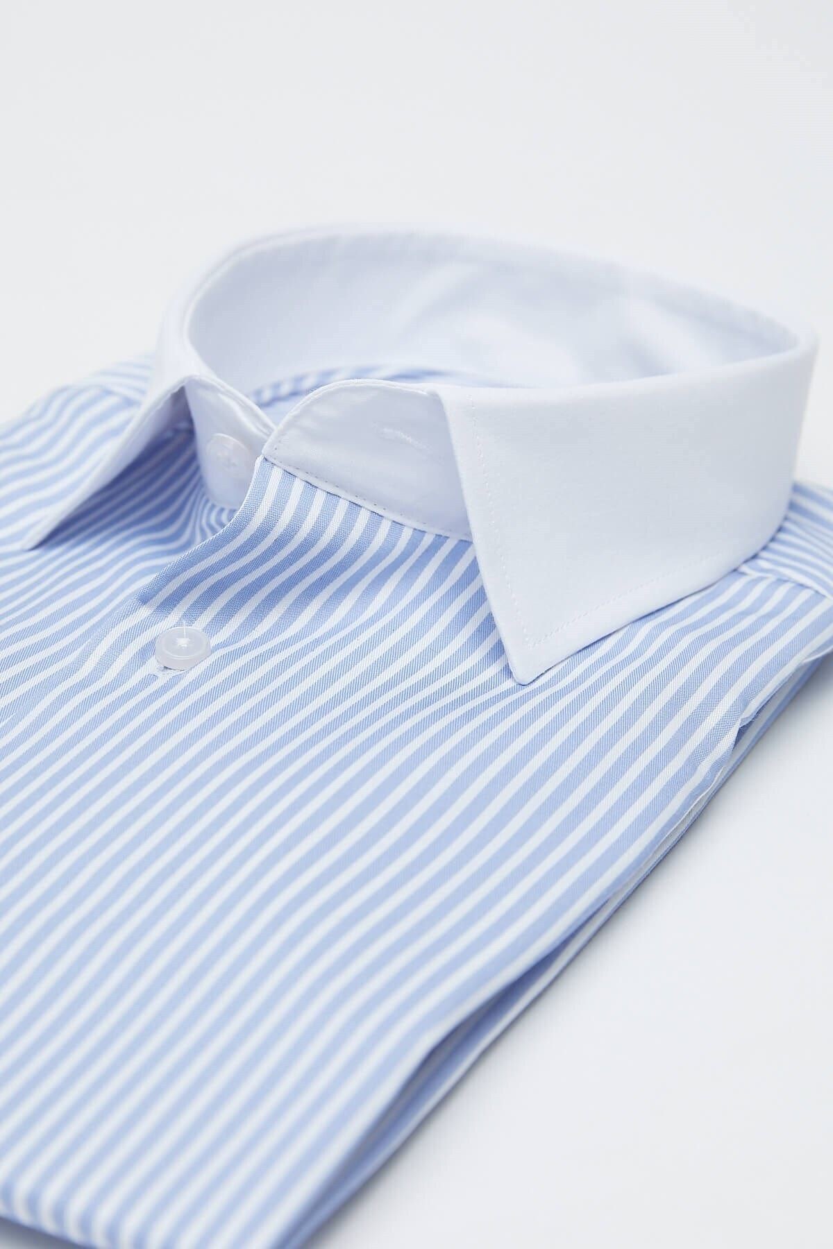 Beyaz Yakalı Mavi Beyaz Çizgili Slim Fit Uzun Kol Gömlek