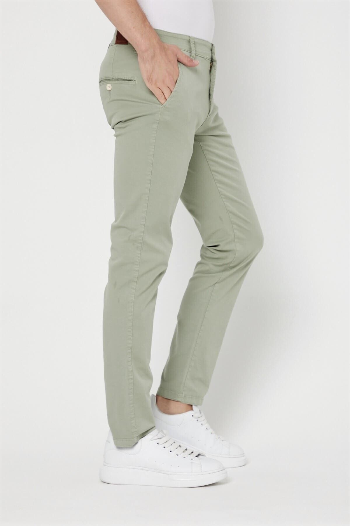 Yeşil Chıno Yan Cepli Keten Regular Fit Pantolon
