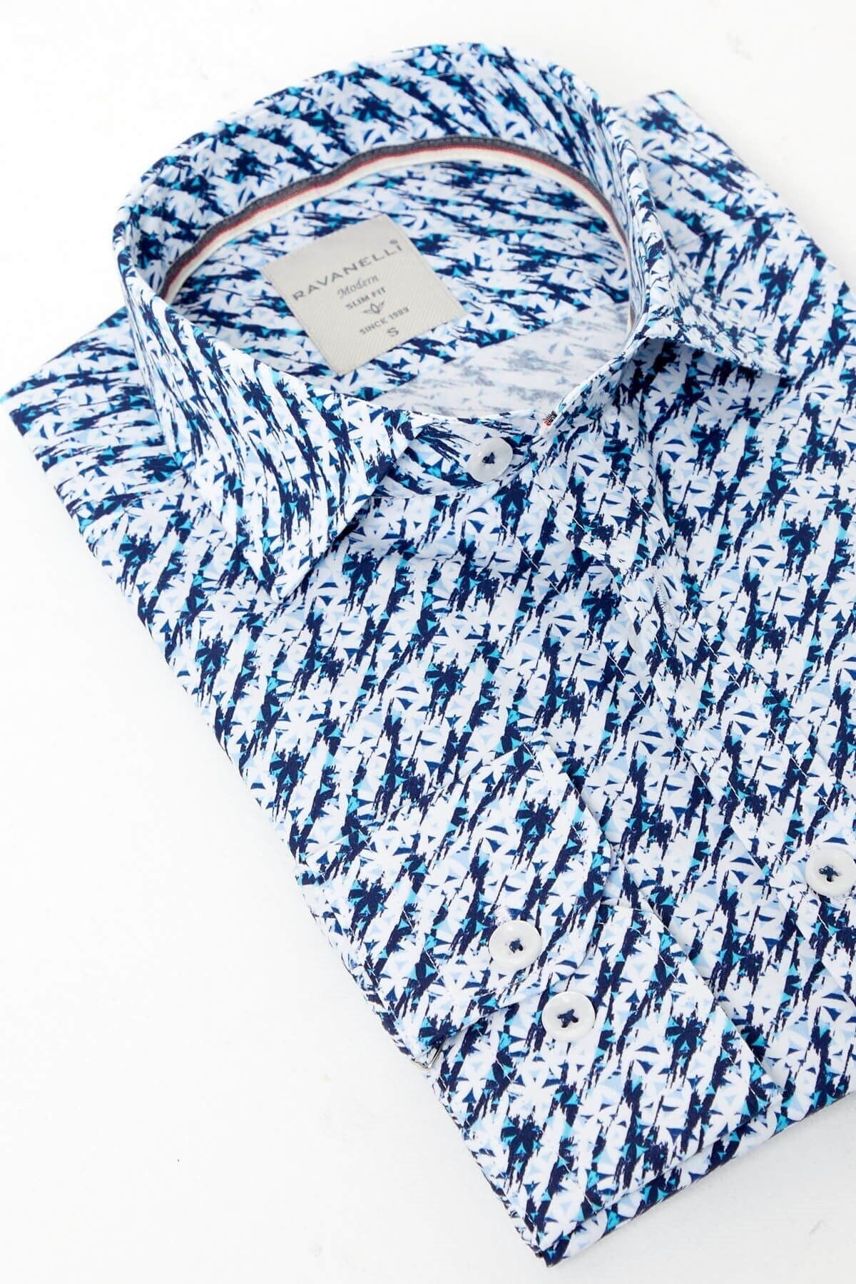 %100 Pamuk Lacivert Baskılı Slim Fit Uzun Kol Gömlek