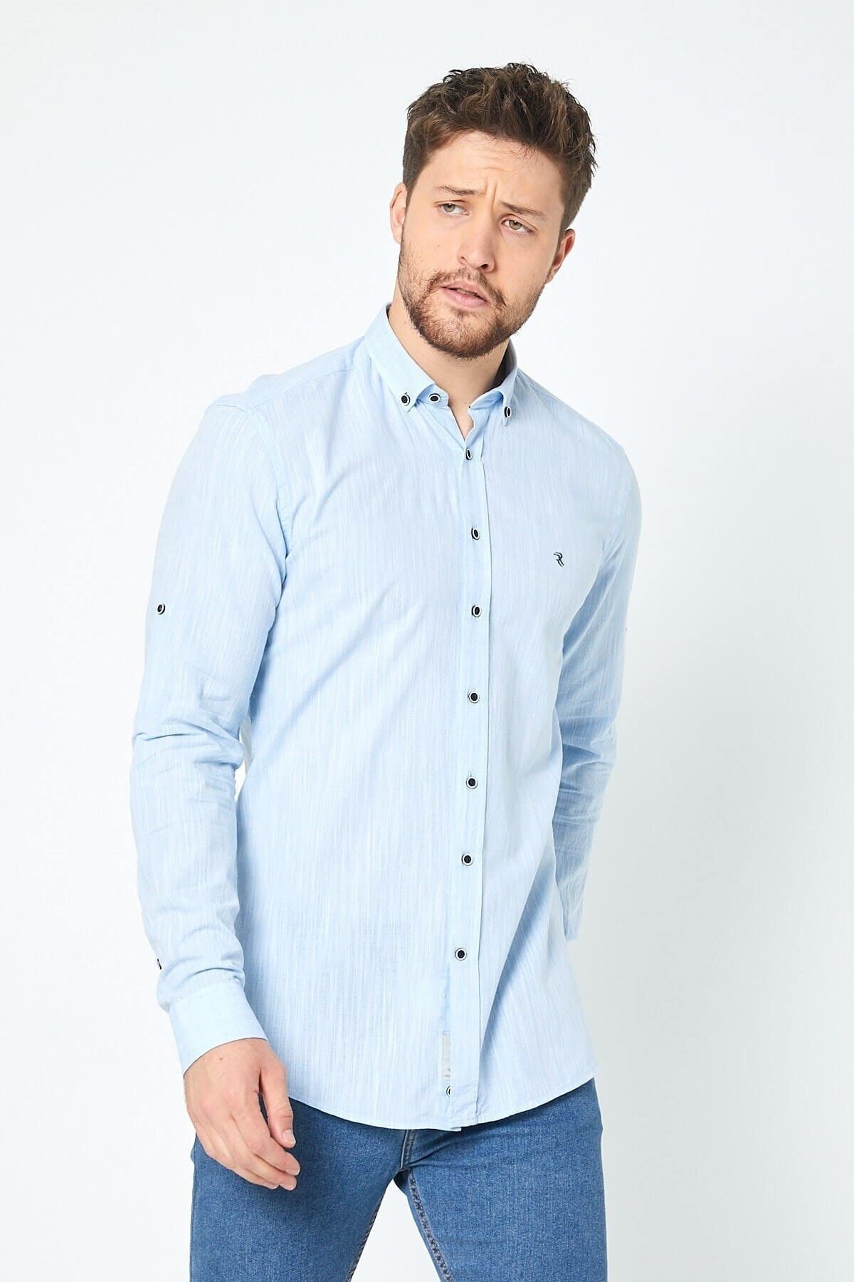 Keten Mavi Slim Fit Uzun Kol Gömlek
