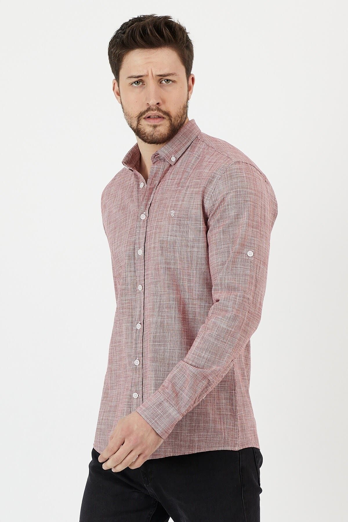 Bordo %100 Pamuk Slim Fit Uzun Kol Keten Gömlek