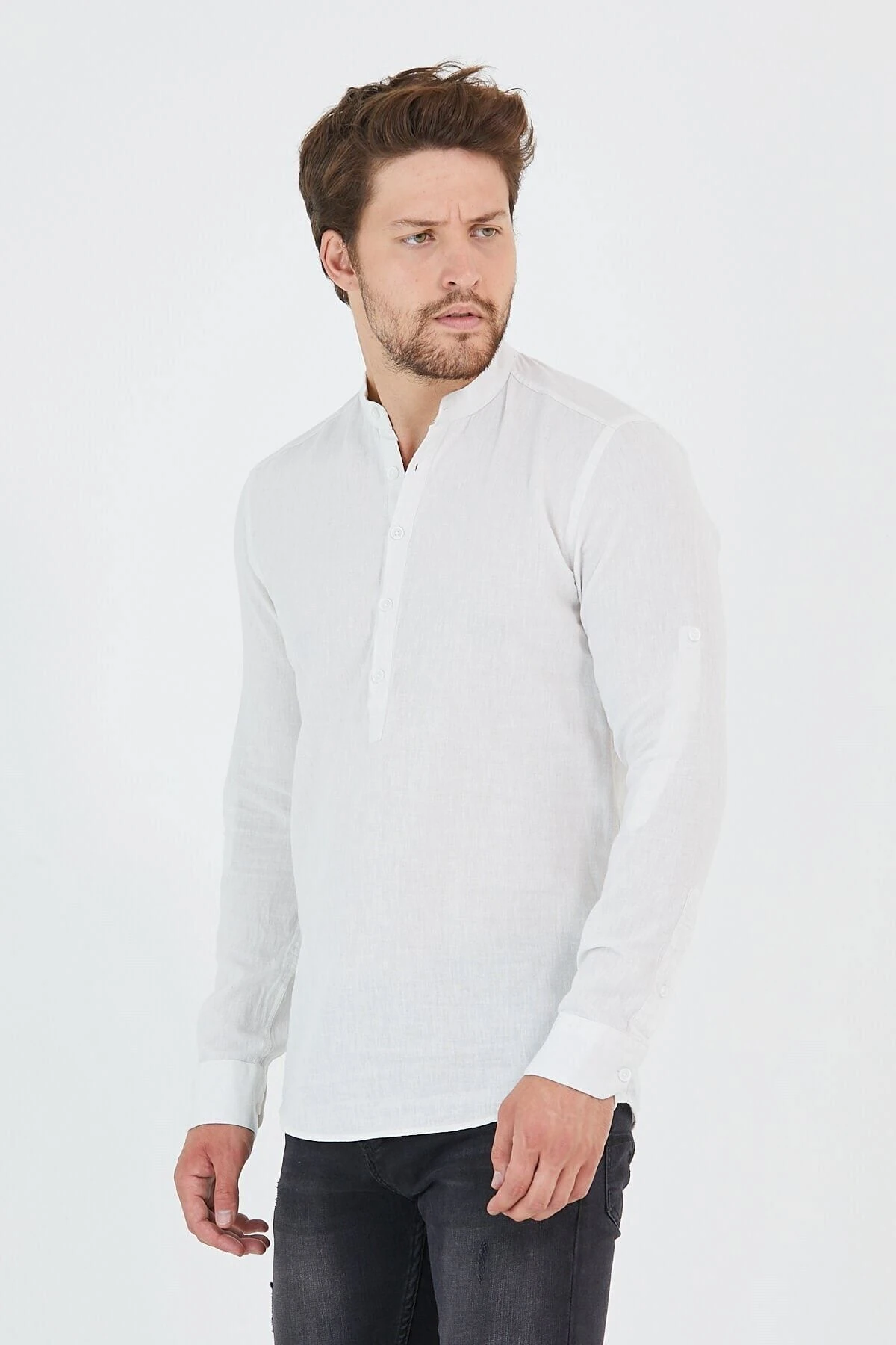 Keten Hakim Yaka Yarım Pat Kırık Beyaz Slim Fit Uzun Kol Gömlek