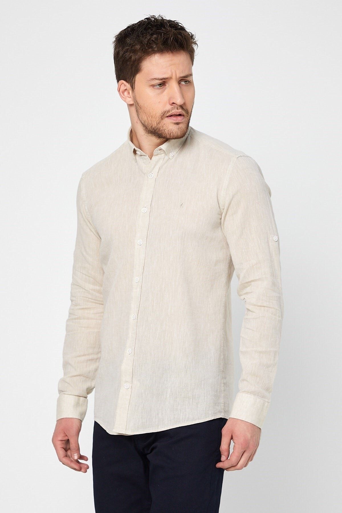 Bej Slim Fit Uzun Kol Keten Gömlek