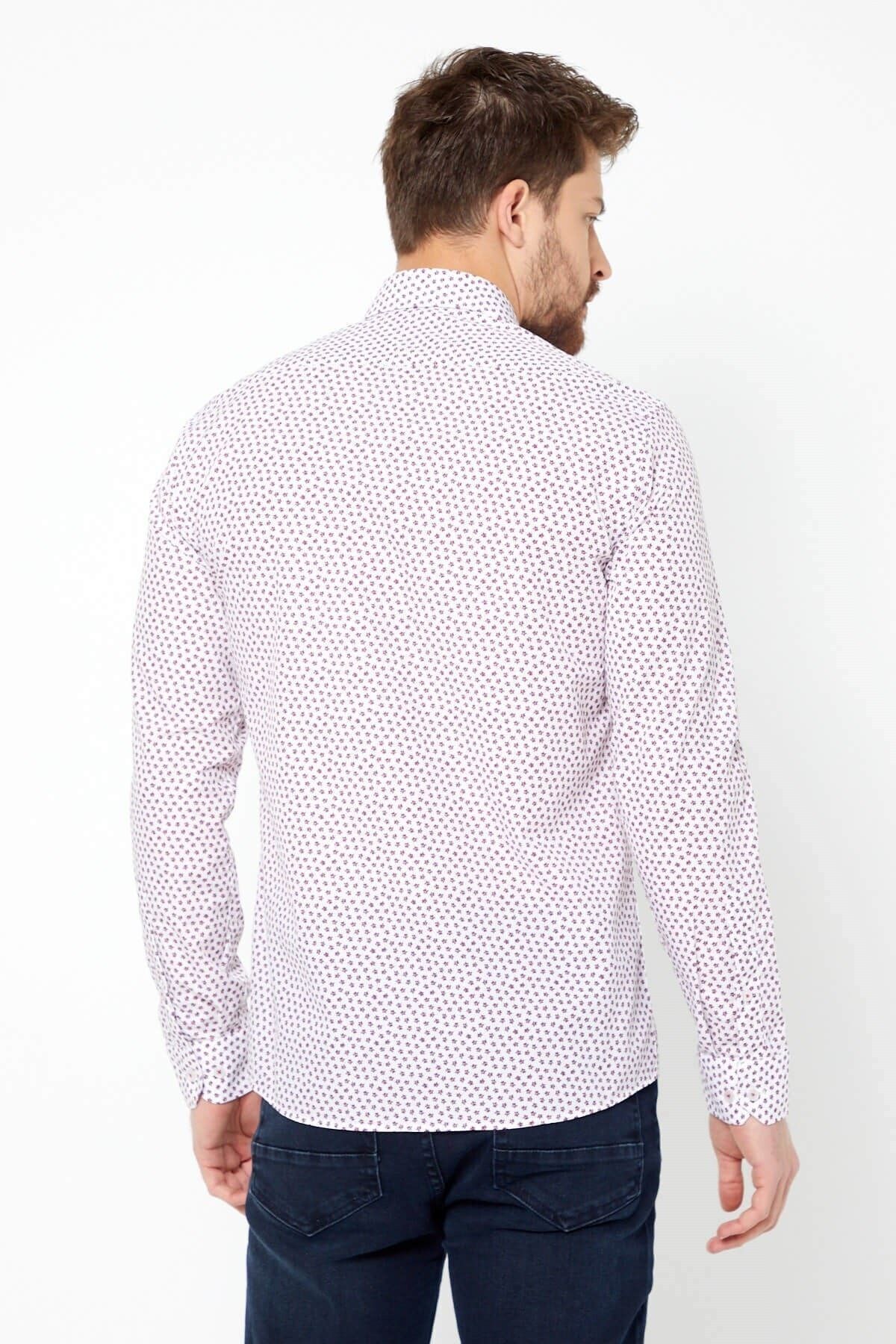Bordo Çiçek Baskılı Beyaz Slim Fit Uzun Kol Gömlek