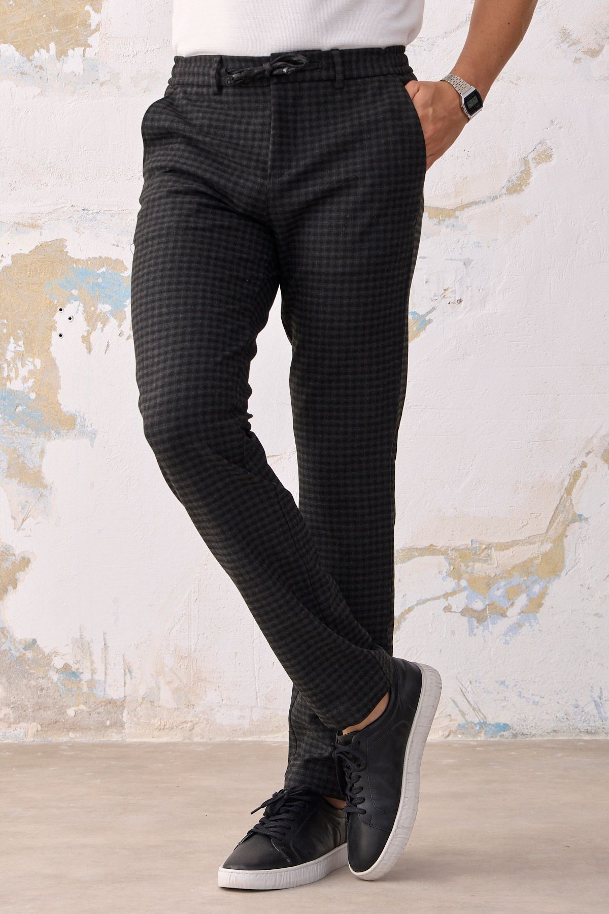 Erkek Günlük Jogger Beli Lastikli Ipli Cepli Slim Fit En Boy Likralı Kareli Pantolon