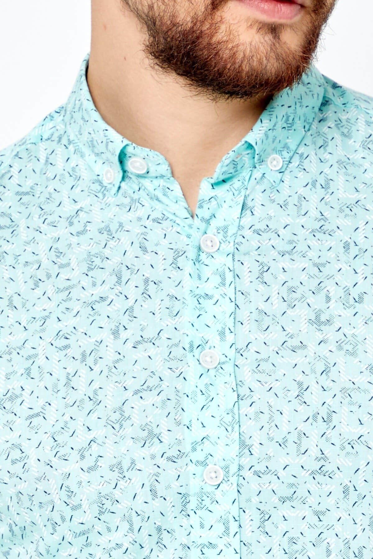 Pamuk Keten Baskılı Yeşil Slim Fit Uzun Kol Gömlek