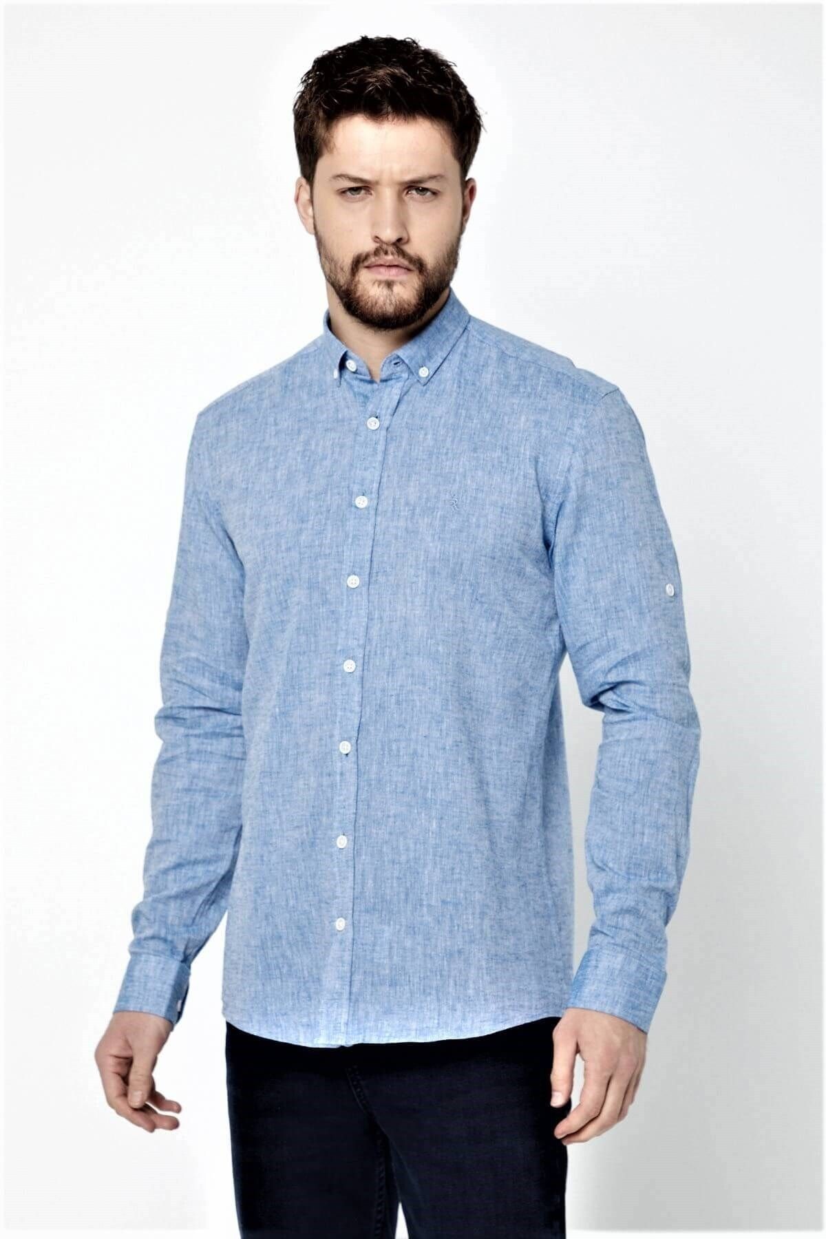 Mavi Slim Fit Uzun Kol Keten Gömlek