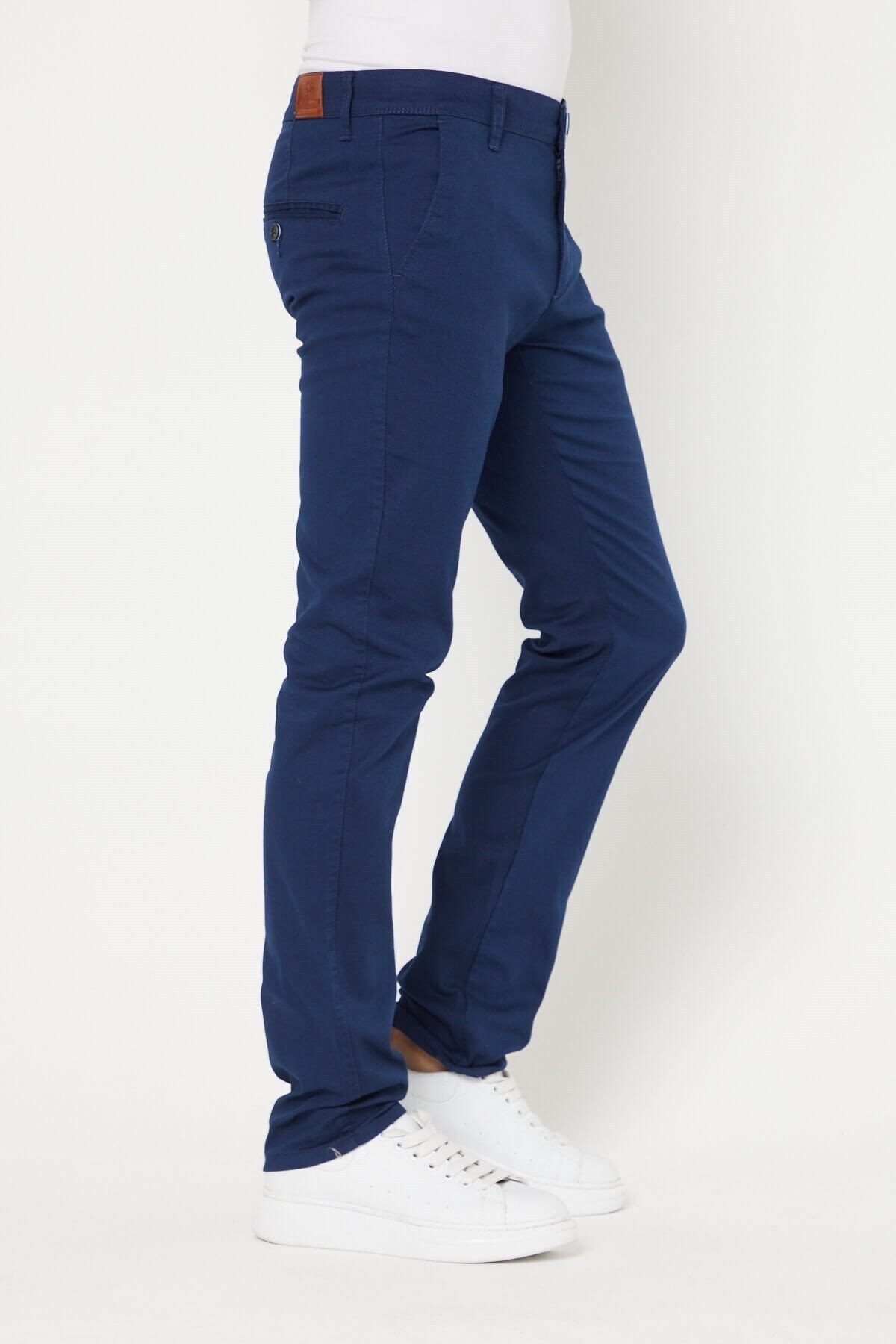Lacivert Chıno Yan Cepli Mikro Desen Keten Regular Fit Pantolon