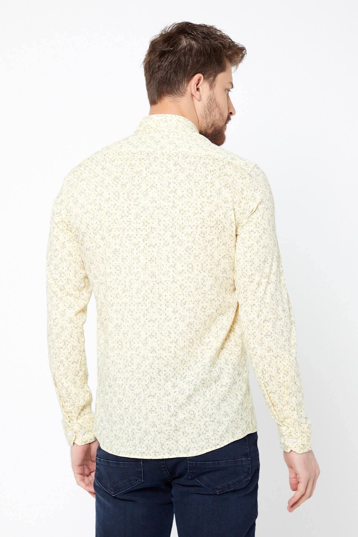 Pamuk Keten Baskılı Sarı Slim Fit Uzun Kol Gömlek
