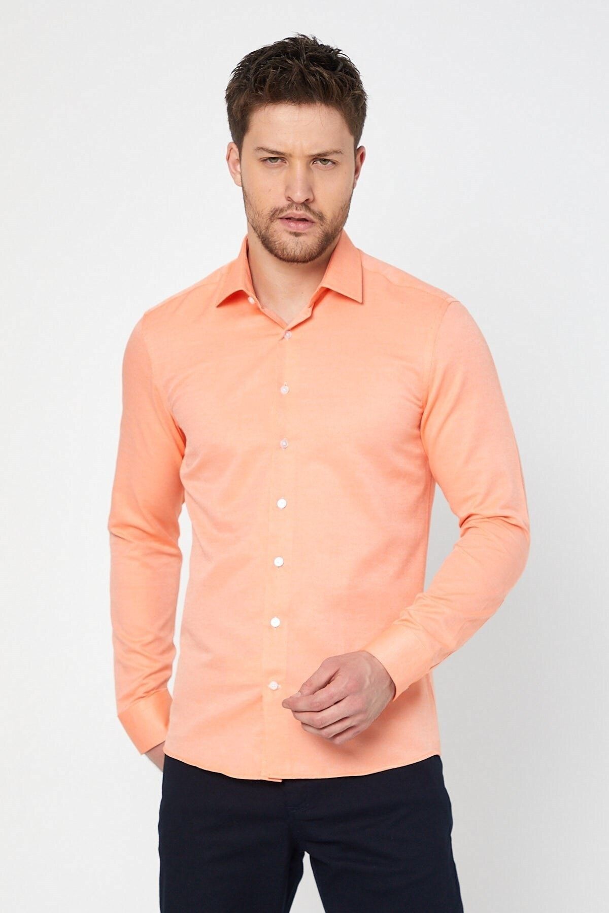 Turuncu Slim Fit Uzun Kol Gömlek