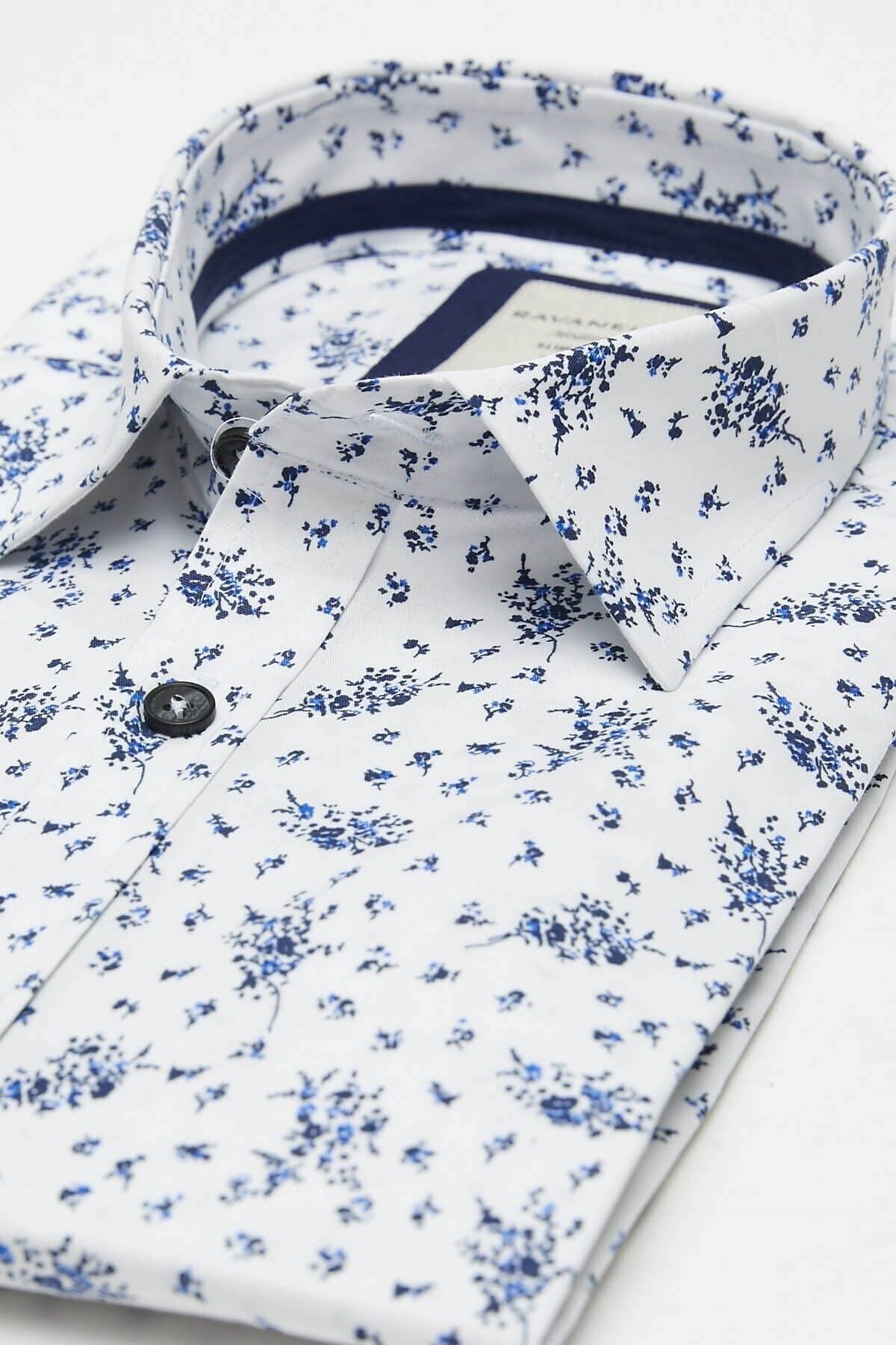 Lacivert Baskılı Beyaz Slim Fit Uzun Kol Gömlek