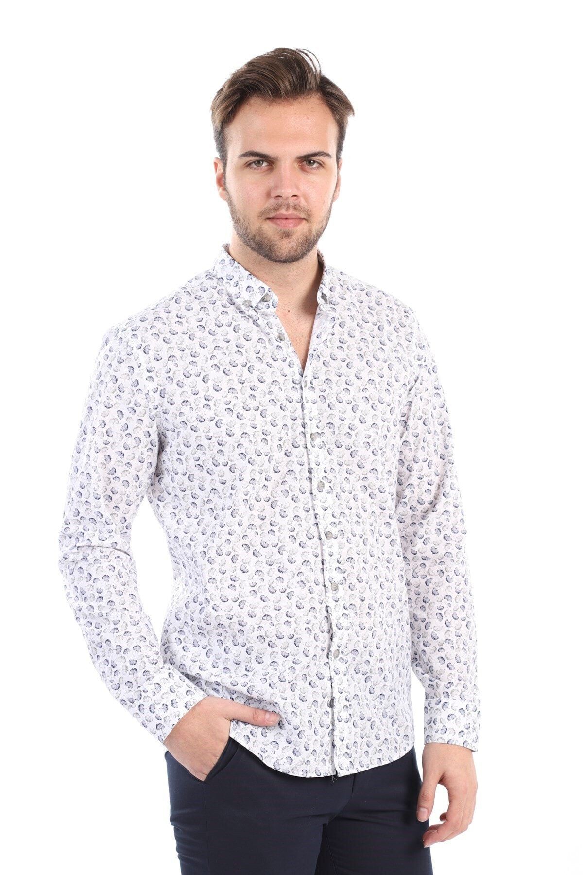 Baskılı Beyaz Slim Fit Gömlek