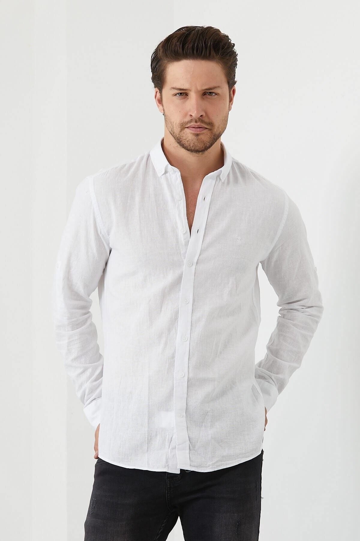 Beyaz Slim Fit Uzun Kol Keten Gömlek