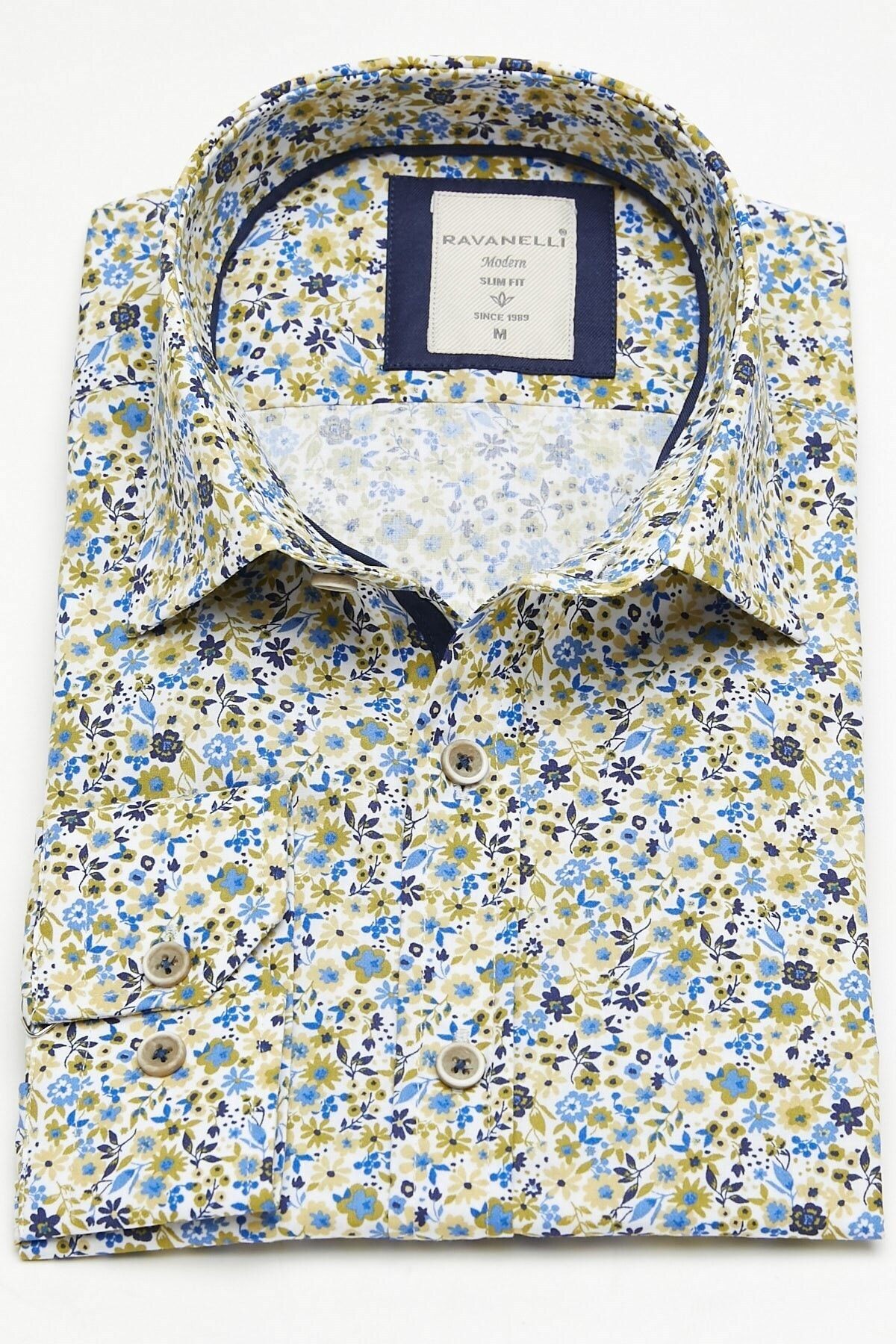 Yeşil Çiçek Baskılı Slim Fit Uzun Kol Gömlek
