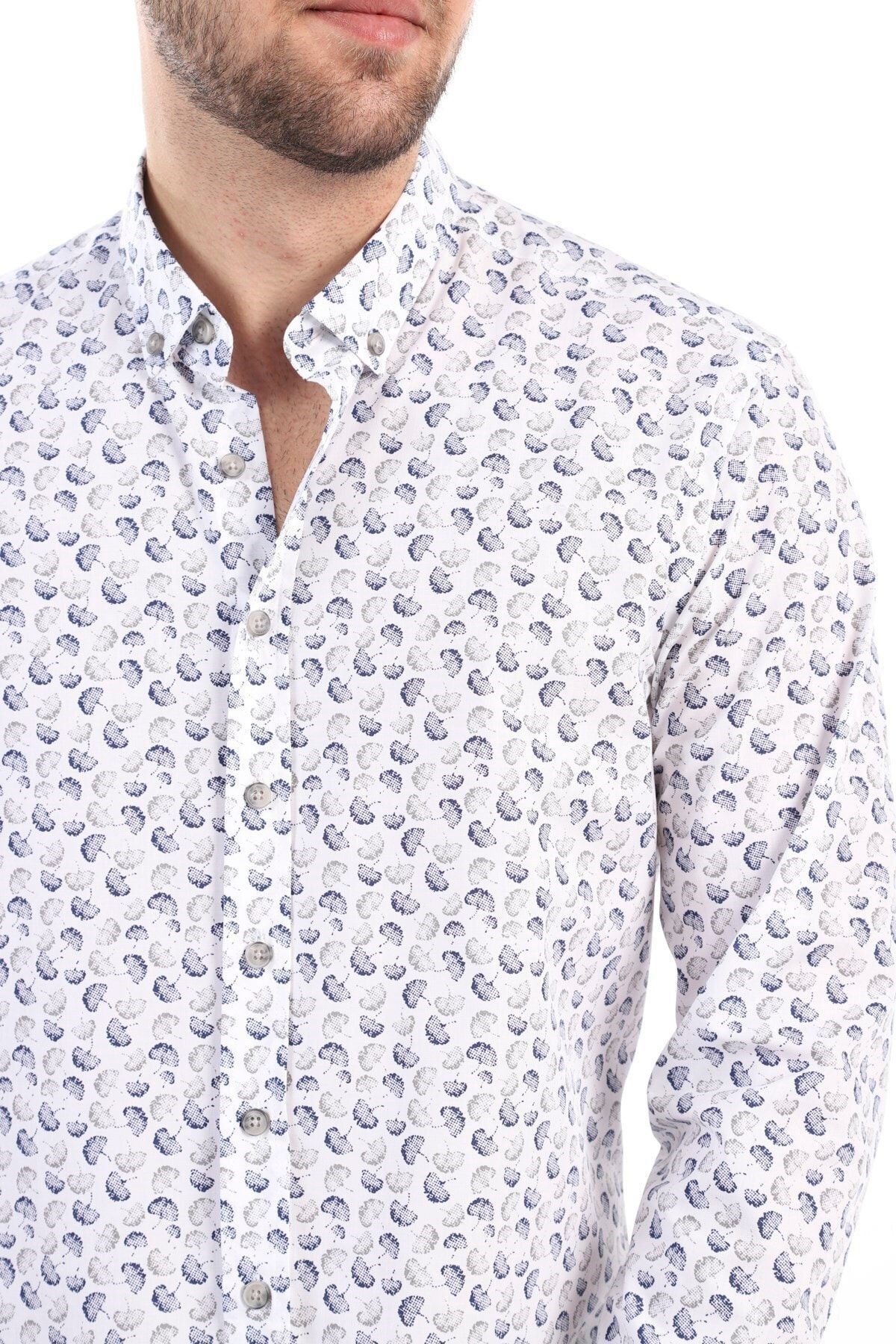 Baskılı Beyaz Slim Fit Gömlek