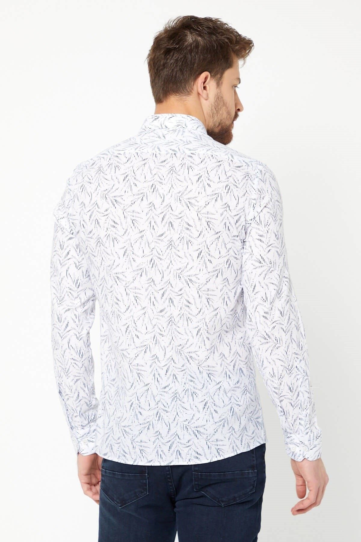 Pamuk Keten Baskılı Beyaz Slim Fit Uzun Kol Gömlek