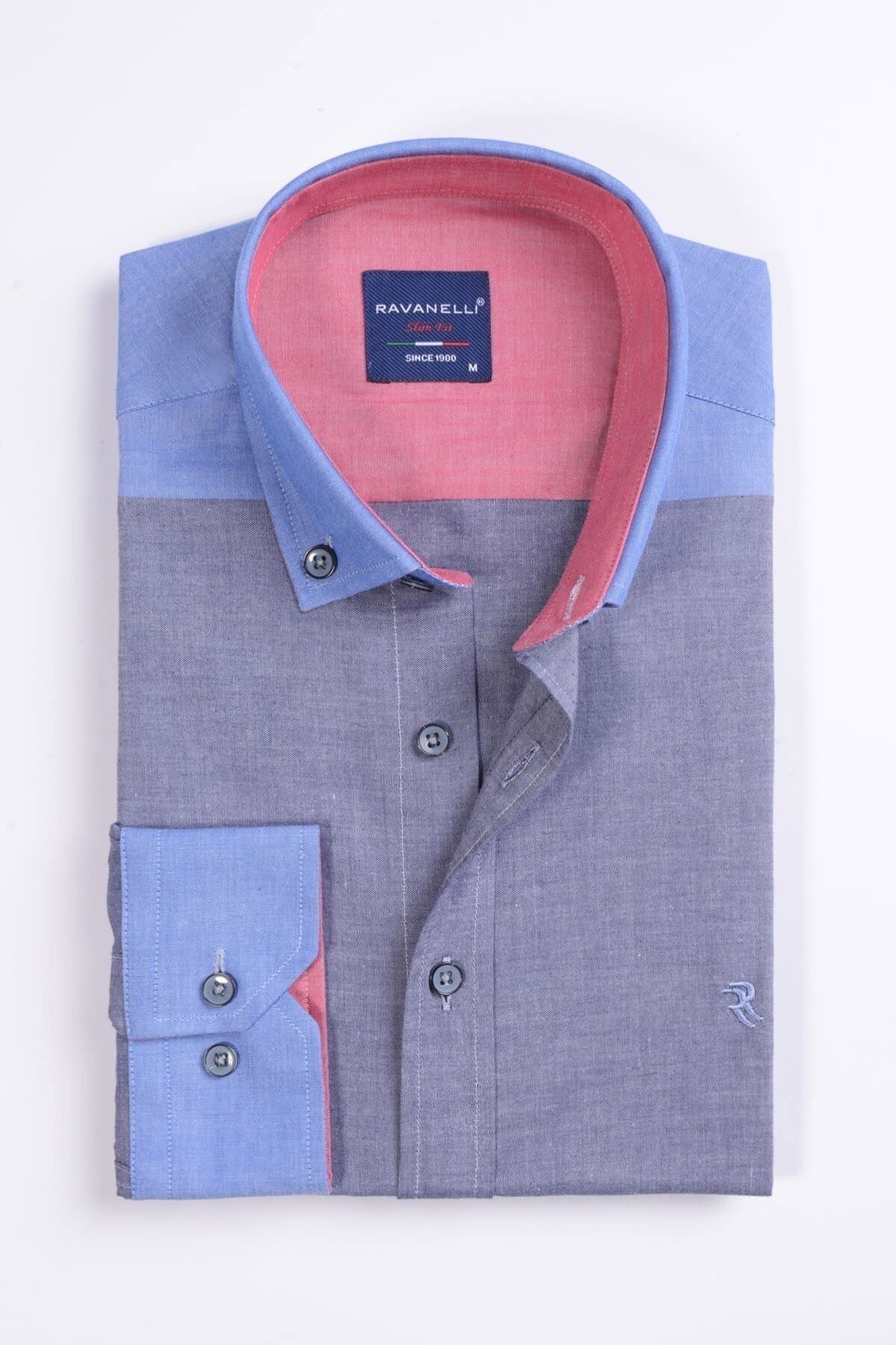 Erkek Mavi Slim Fit Panolu Gömlek