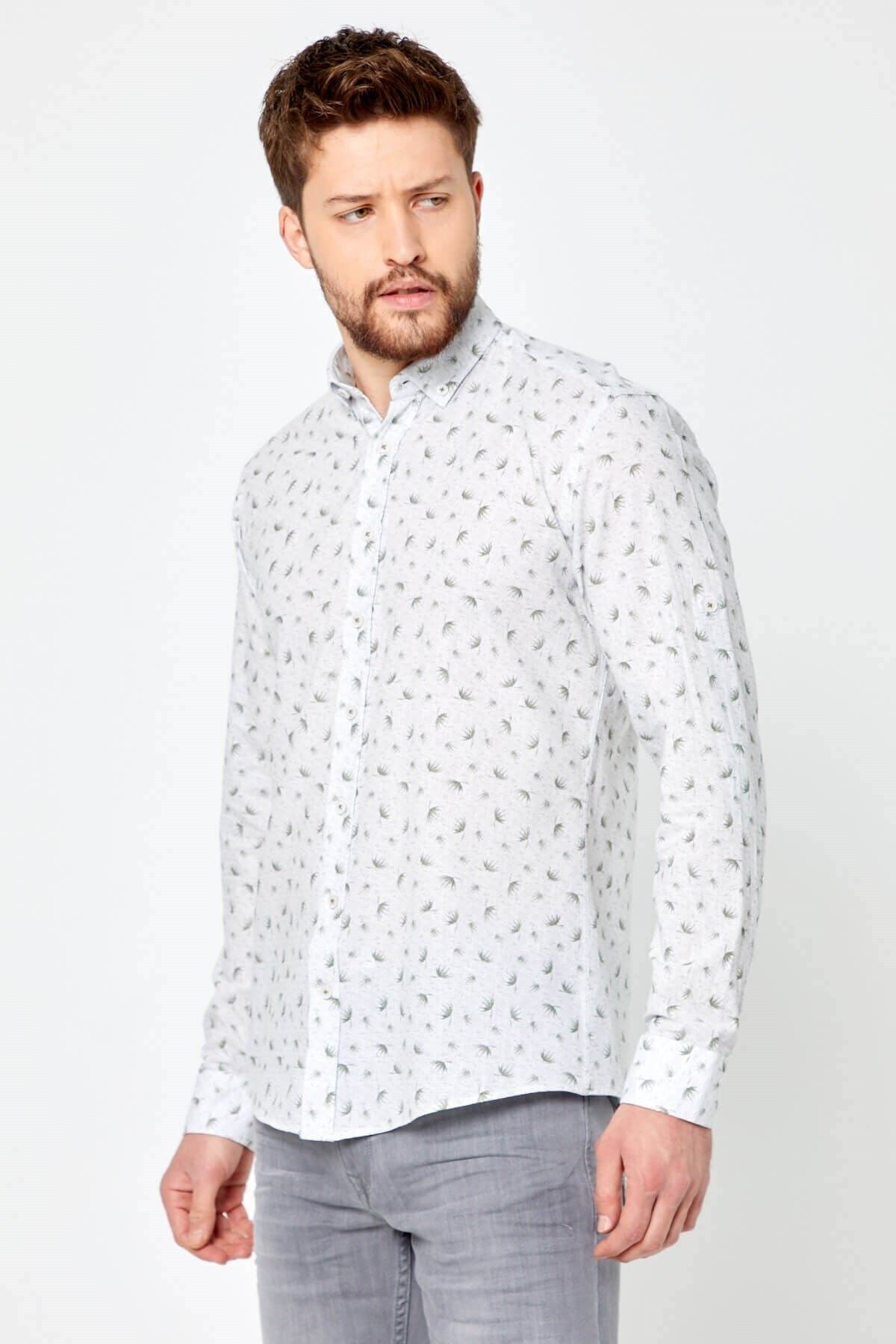 %100 Pamuk Keten Yeşil Baskılı Slim Fit Uzun Kol Keten Gömlek