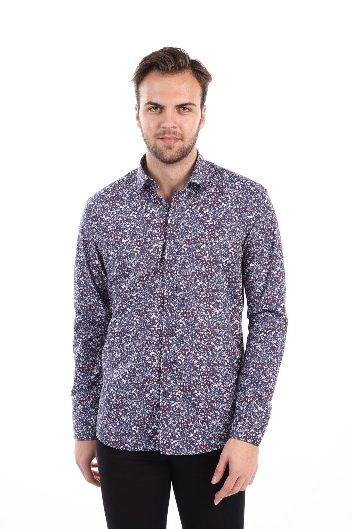Baskılı Lacivert Slim Fit Gömlek