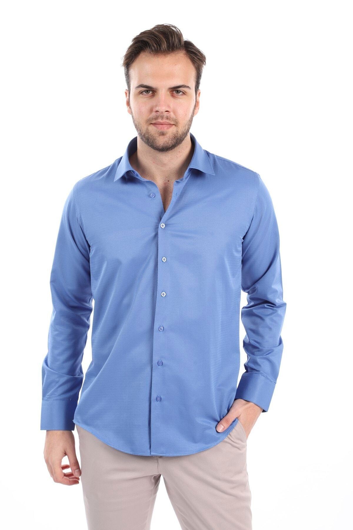 Baskılı Mavi Slim Fit Gömlek