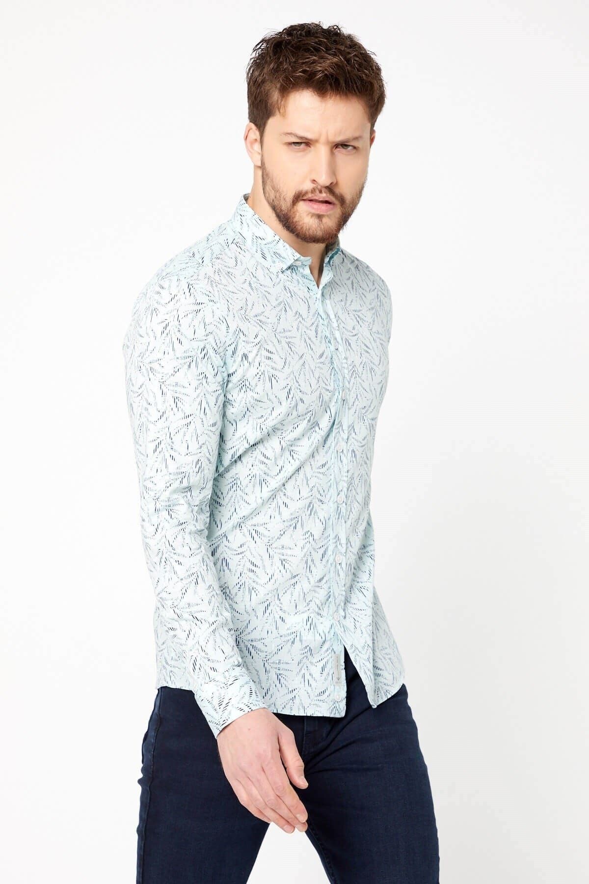 Pamuk Keten Baskılı Açık Yeşil Slim Fit Uzun Kol Gömlek