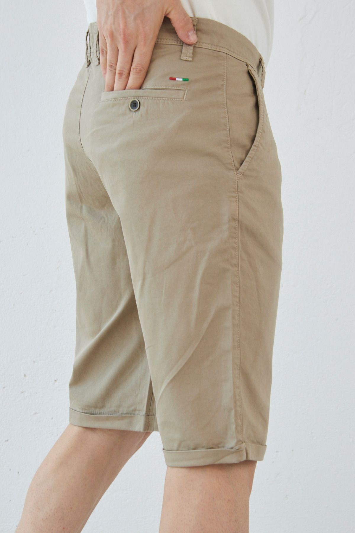 Erkek Bej Slim Fit Dar Kesim Gabardin Pamuklu Casual Chino Şort