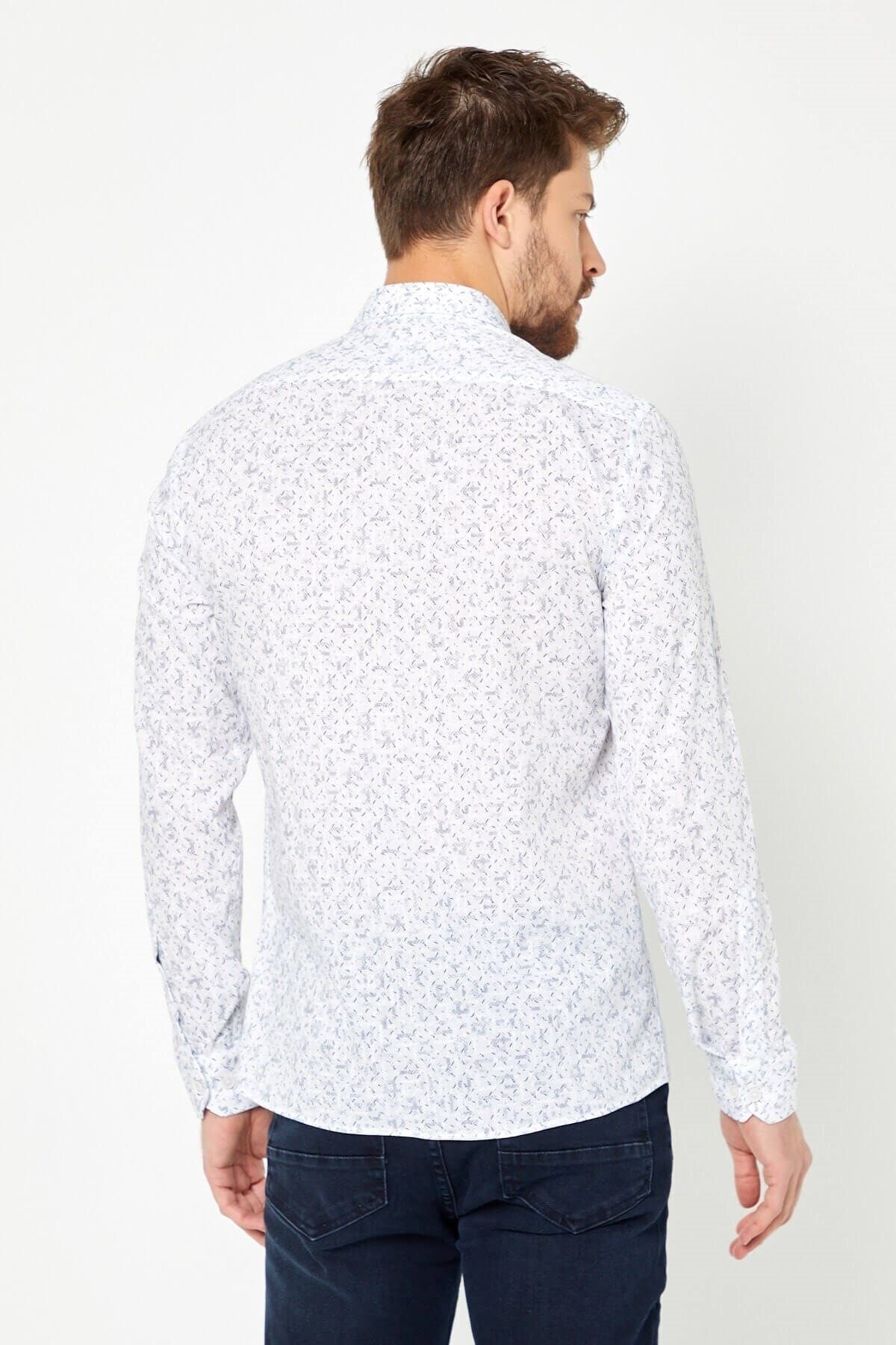 Pamuk Keten Baskılı Beyaz Slim Fit Uzun Kol Gömlek