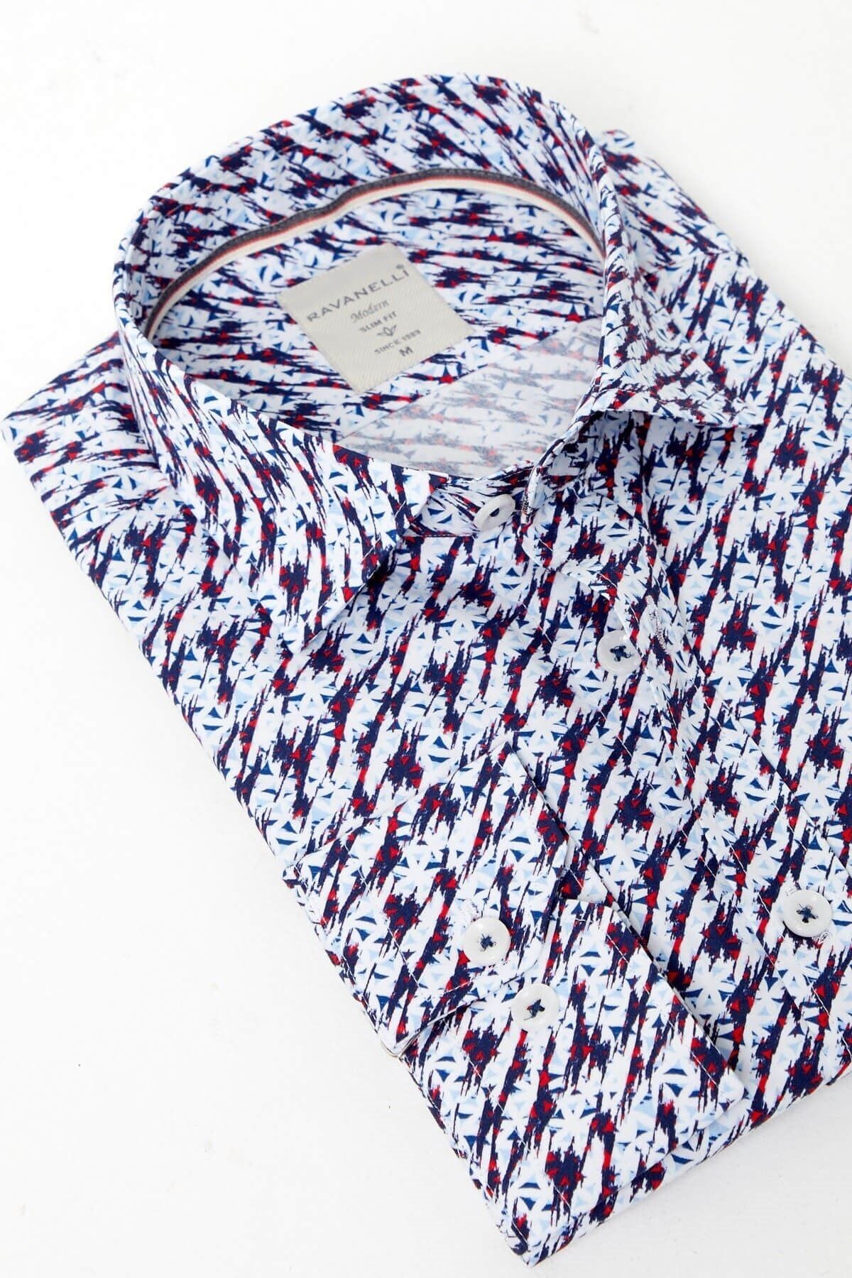 %100 Pamuk Lacivert Baskılı Slim Fit Uzun Kol Gömlek