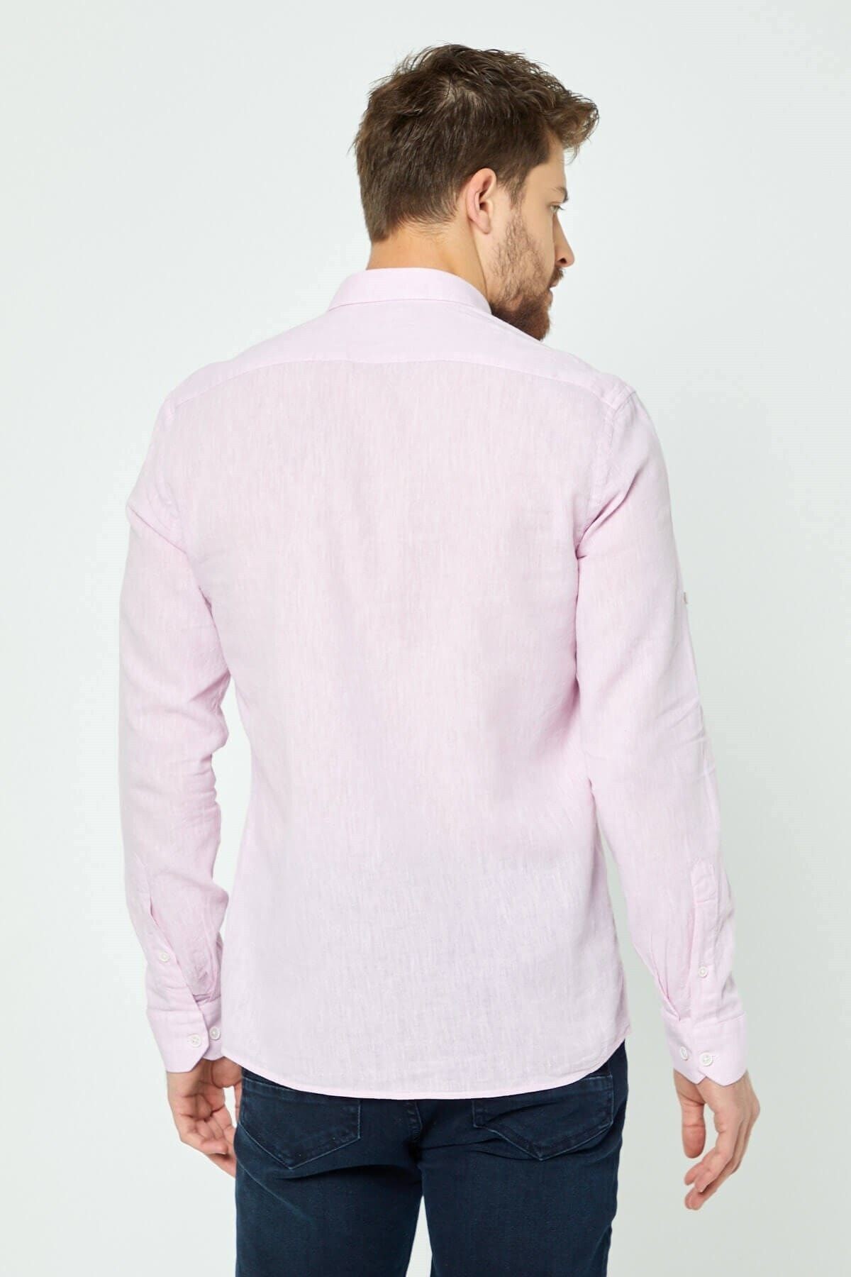 Pembe Slim Fit Uzun Kol Keten Gömlek