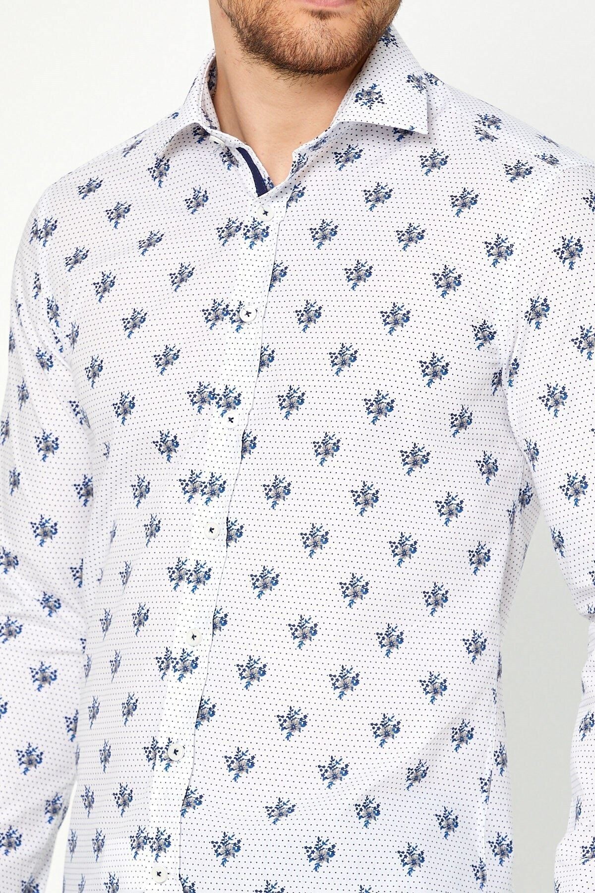 Kahverengi Çiçek Baskılı Slim Fit Uzun Kol Gömlek