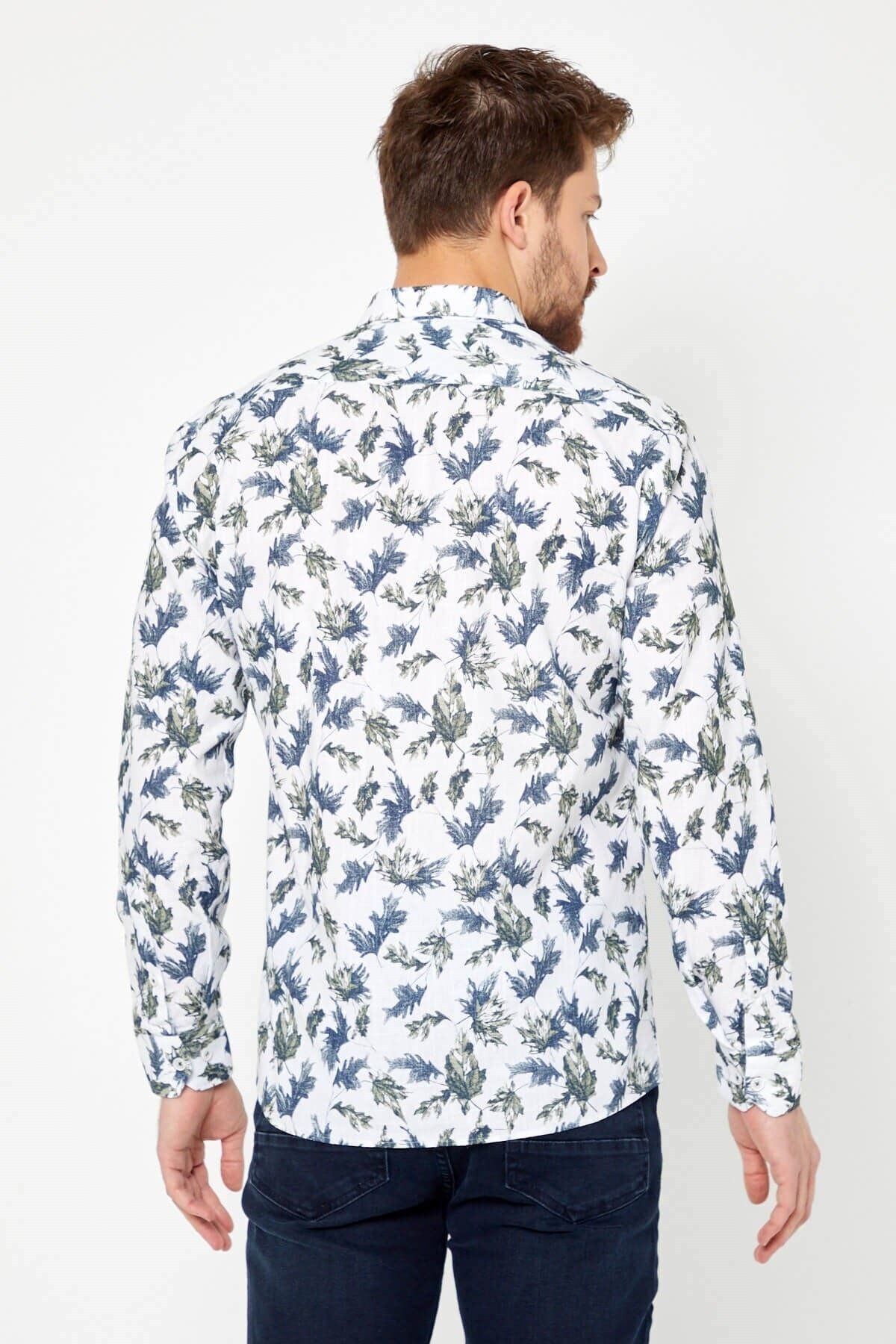 %100 Pamuk Keten Yeşil Baskılı Slim Fit Uzun Kol Keten Gömlek