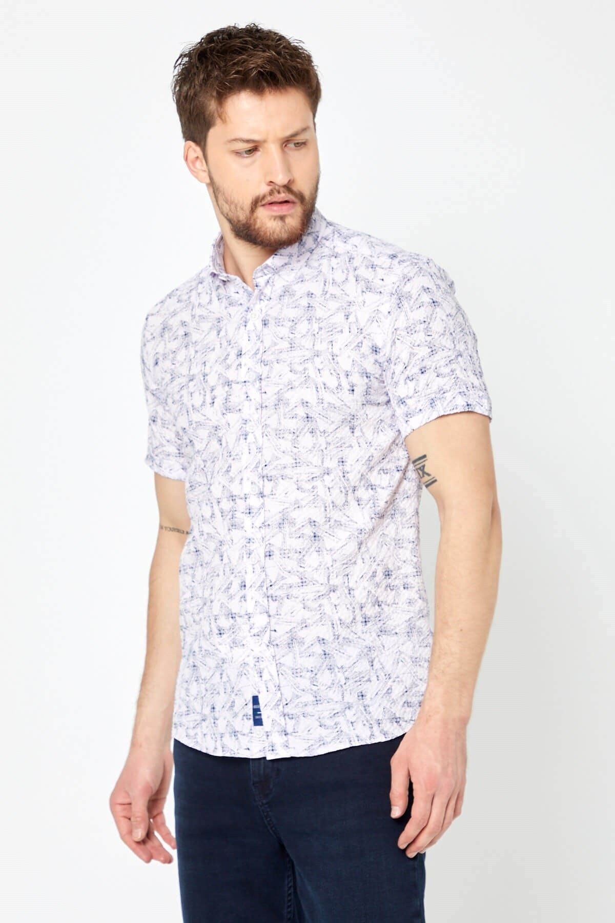 Gofre Baskılı Pembe Slim Fit Kısa Kol Gömlek