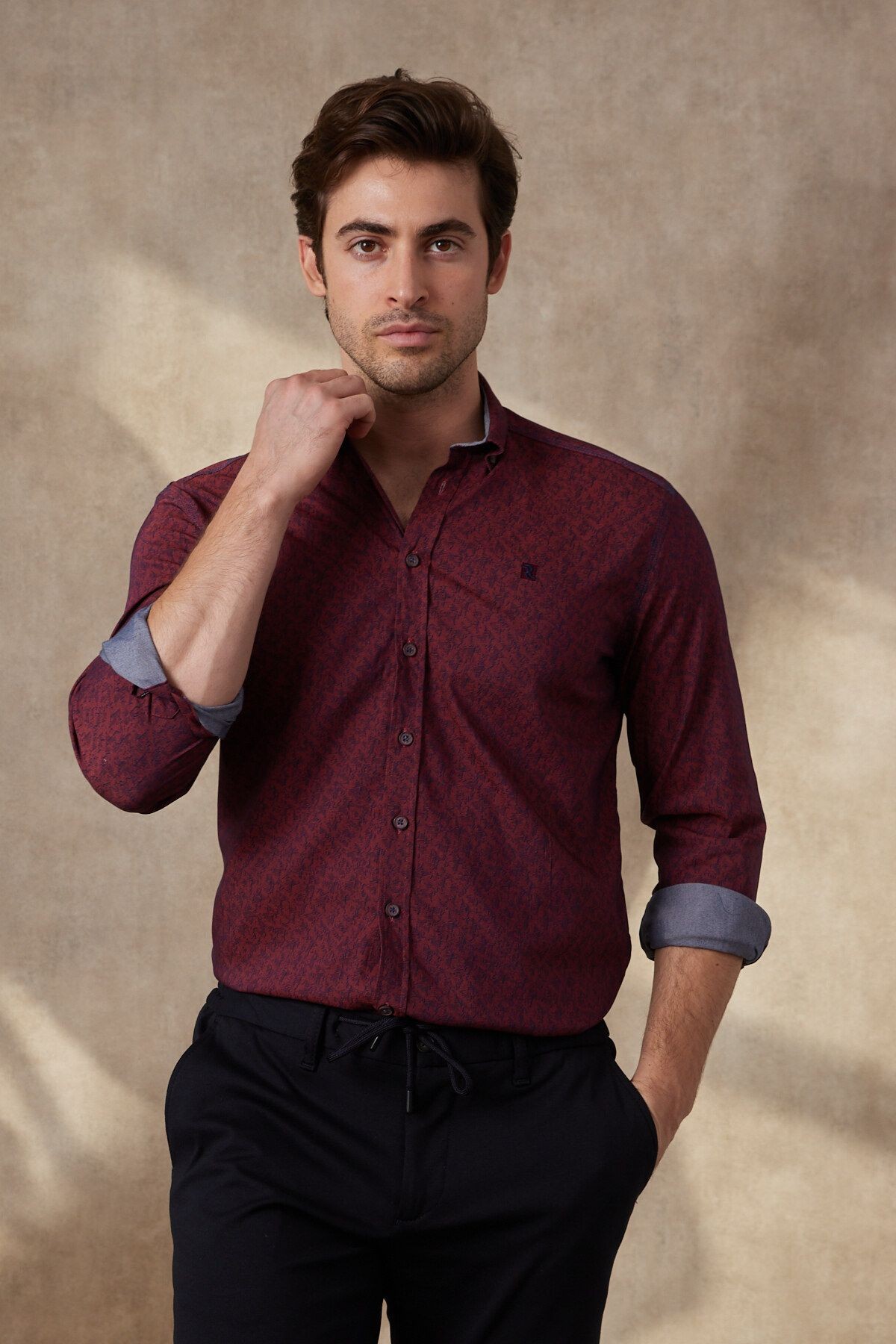 Erkek Baskılı Bordo Modern Slim Fit Uzun Kol Gömlek