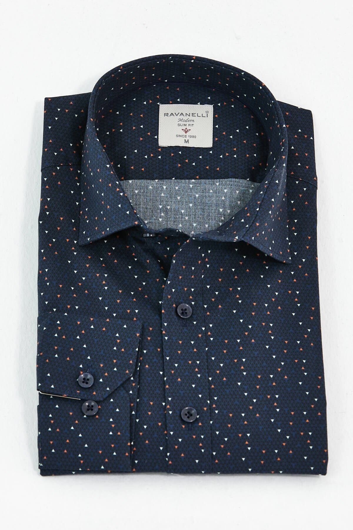 Lacivert Baskılı Slim Fit Uzun Kol Gömlek
