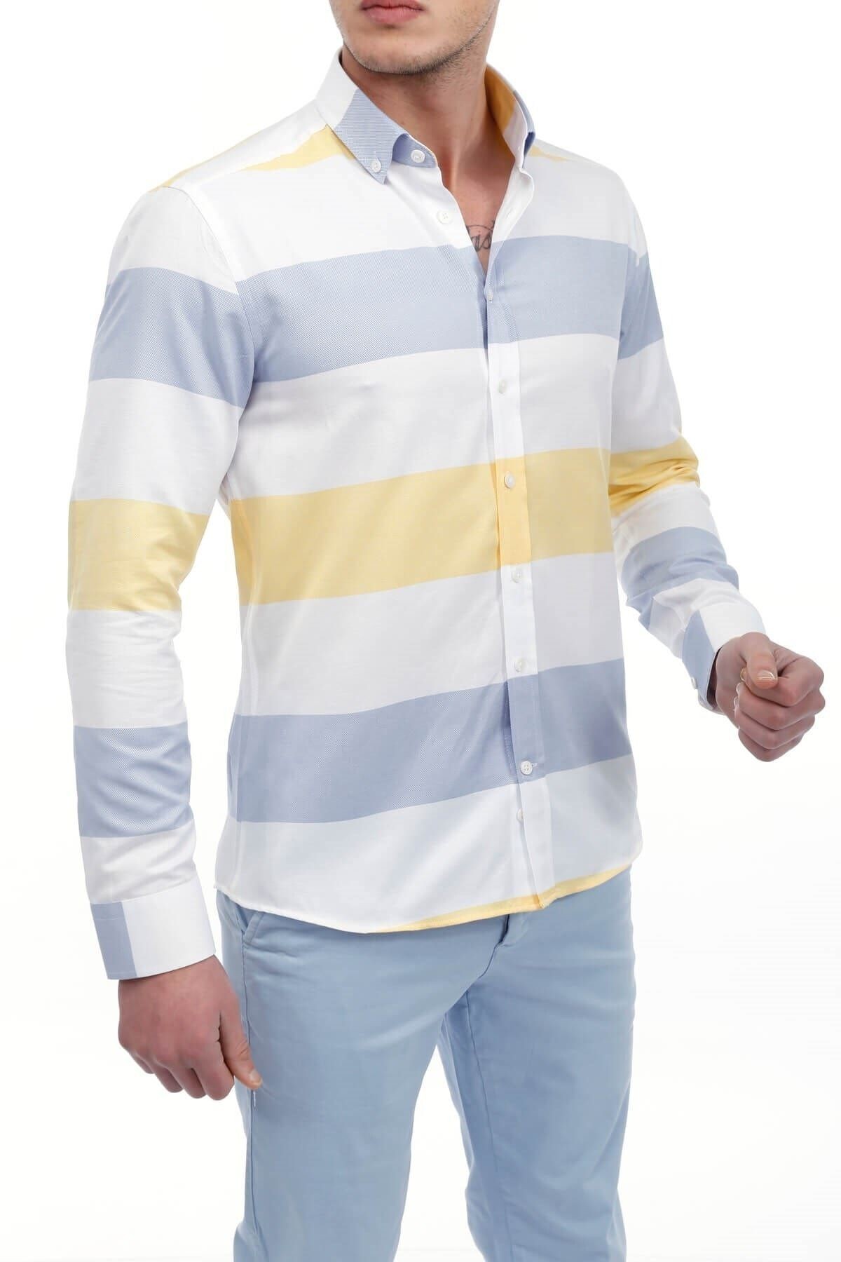 Sarı Beyaz Panolo Slim Fit Gömlek