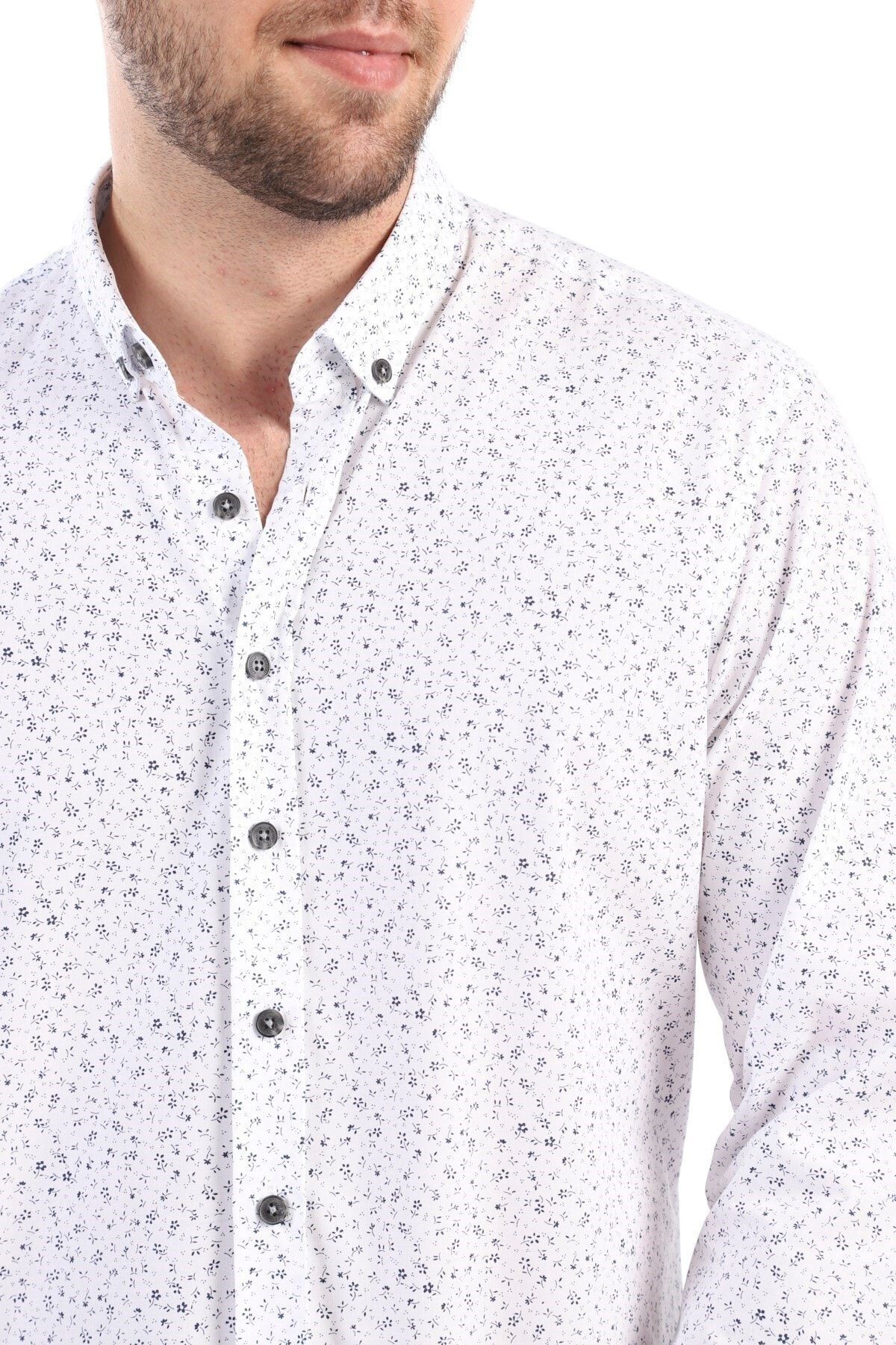 Baskılı Beyaz Slim Fit Gömlek