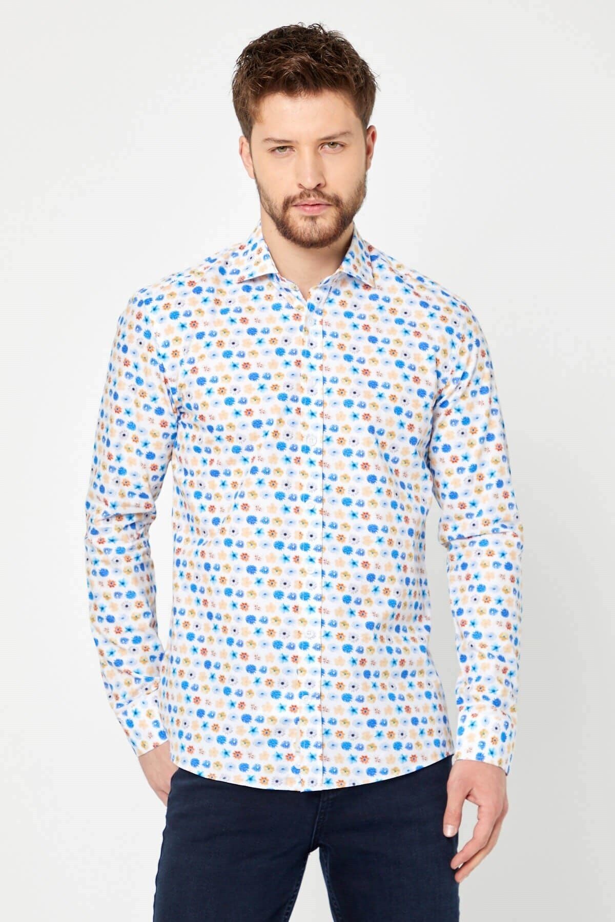 %100 Pamuk Çiçek Baskılı Slim Fit Uzun Kol Gömlek