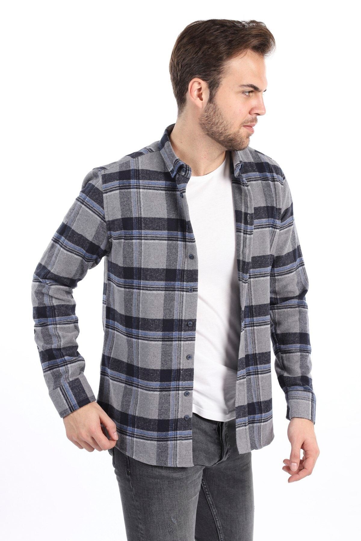 Erkek Gri Slim Fit Oduncu Gömlek