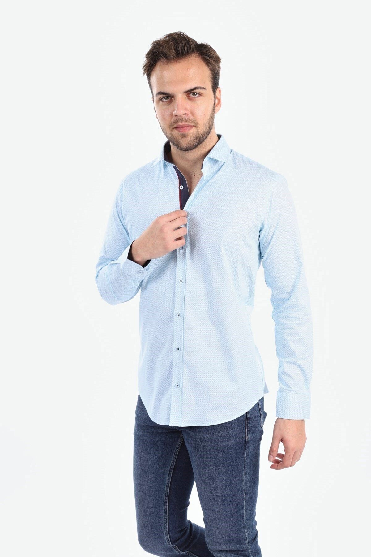 Baskılı Turkuaz Slim Fit Gömlek