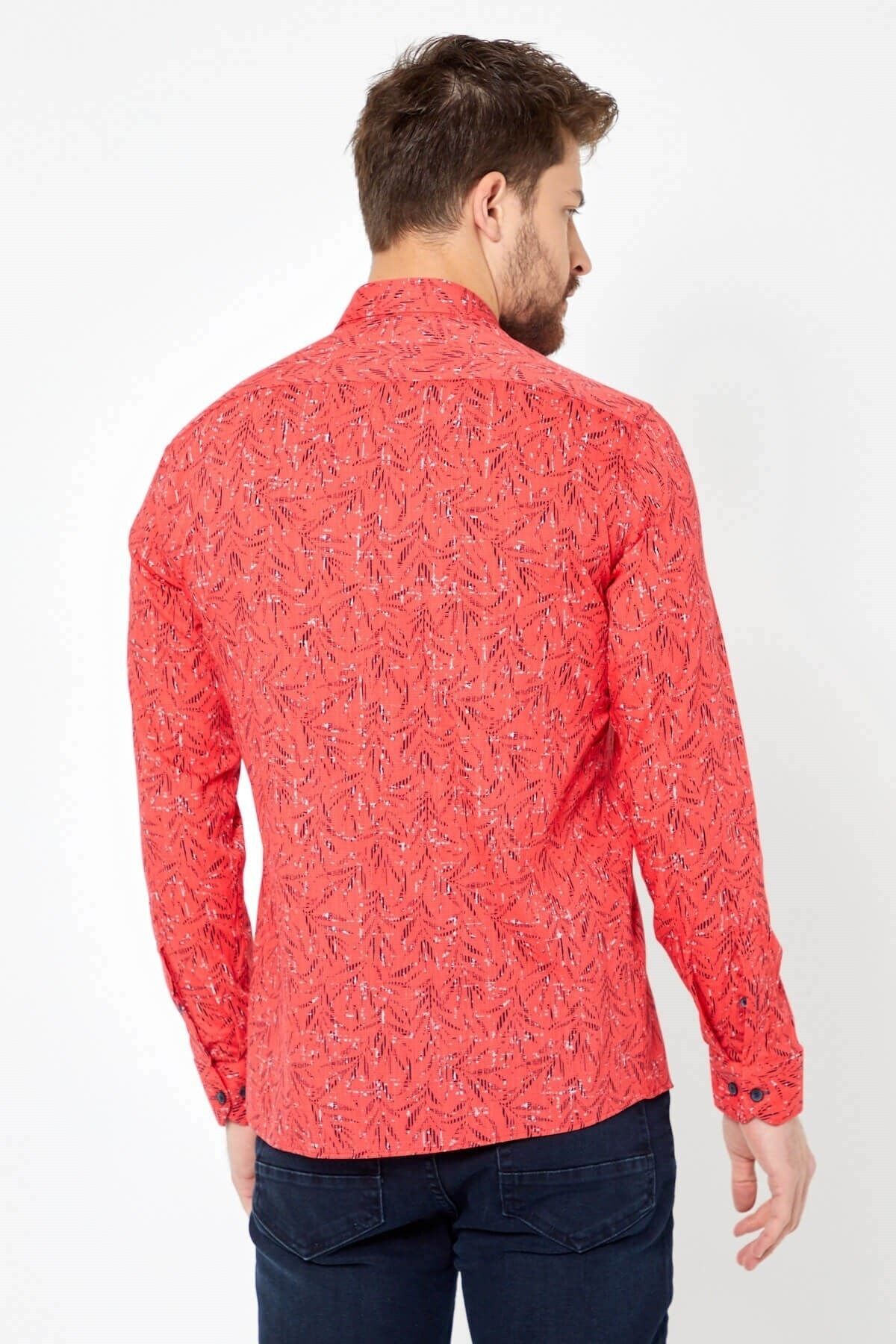 Pamuk Keten Baskılı Kırmızı Slim Fit Uzun Kol Gömlek