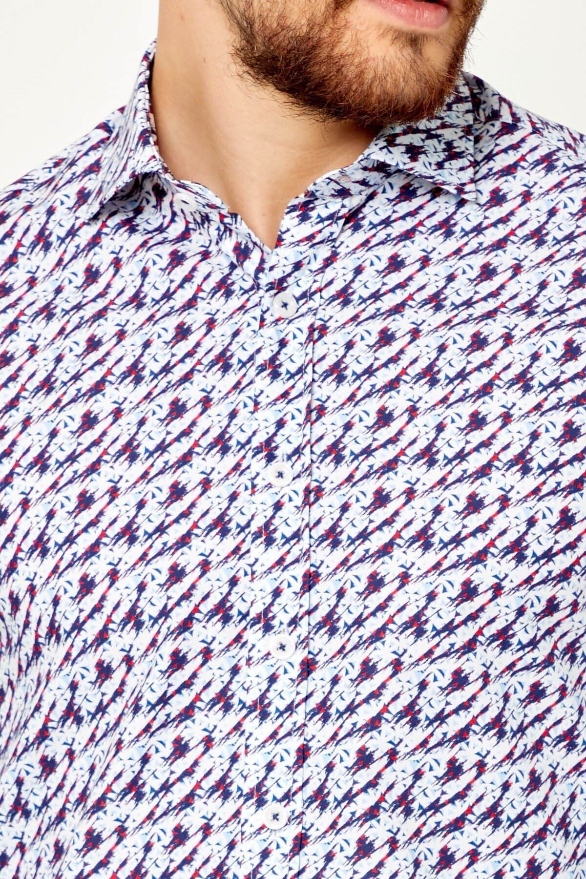 %100 Pamuk Lacivert Baskılı Slim Fit Uzun Kol Gömlek